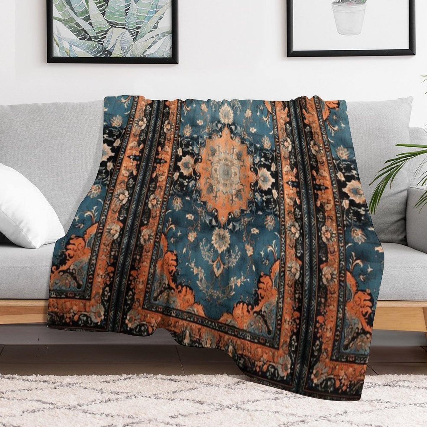 Orange Dark Azure Persian Carpet Machine-washable Throw Blanket