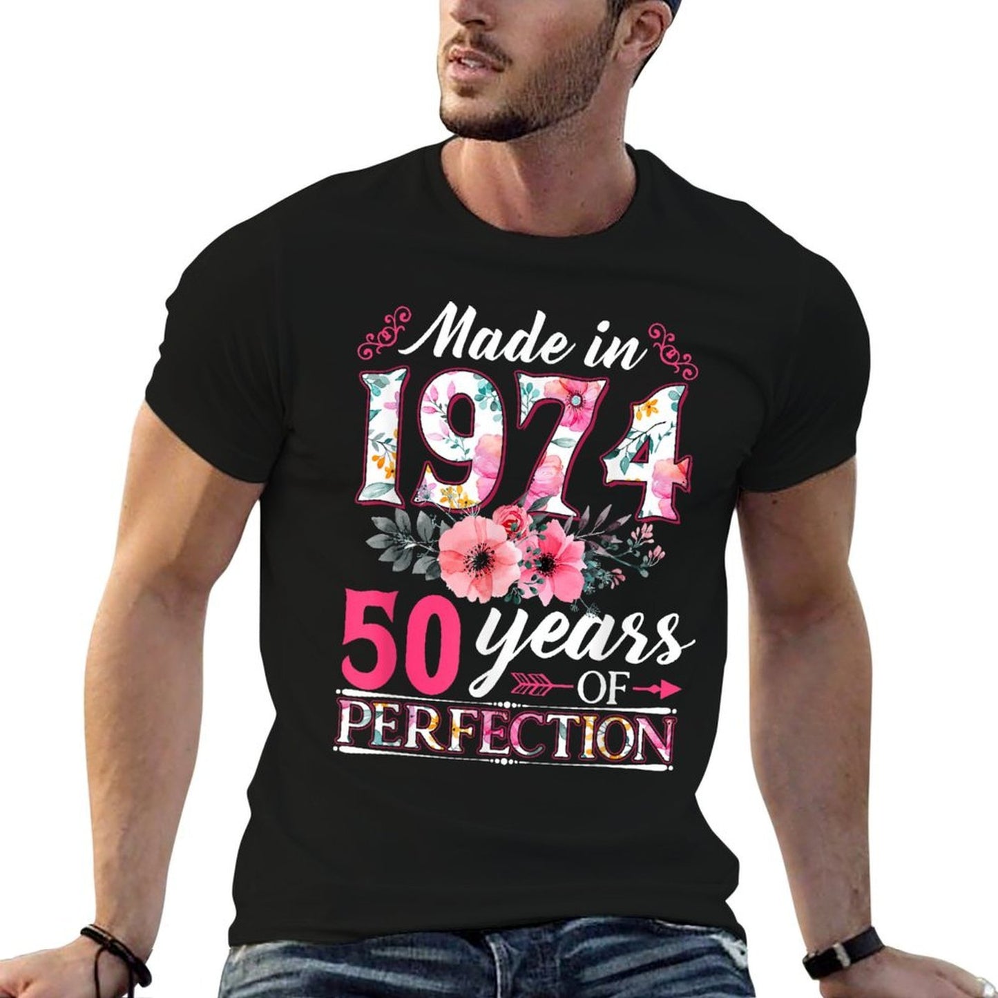 50 Year Old Made In 1974 Floral Flower 50th Birthday Womens Cotton T-Shirt