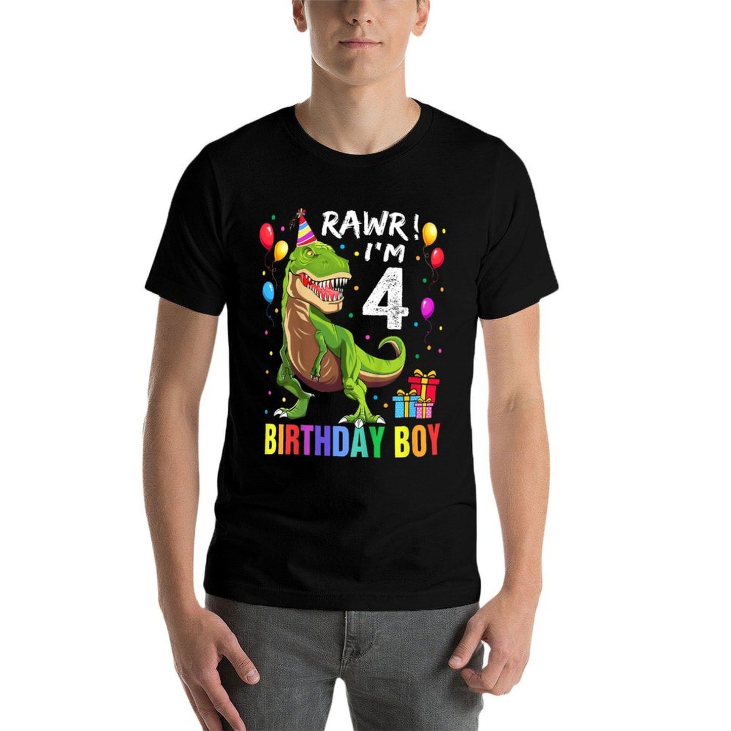 Kids 4 Year Old 4th Birthday Boy T Rex Dinosaur Cotton T-Shirt