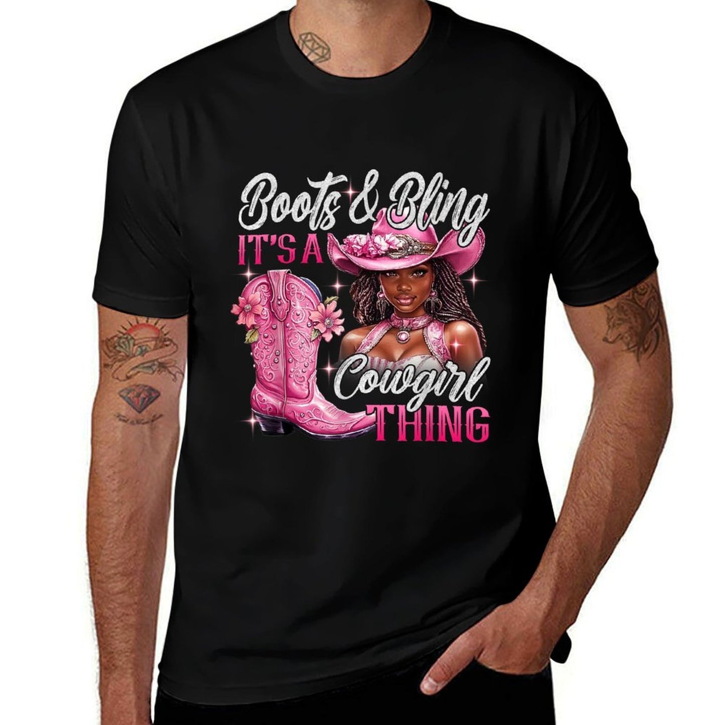 Boots Bling Its A Cowgirl Thing Pink Black Cowgirl Melanin Oversized Silhouette T-Shirt