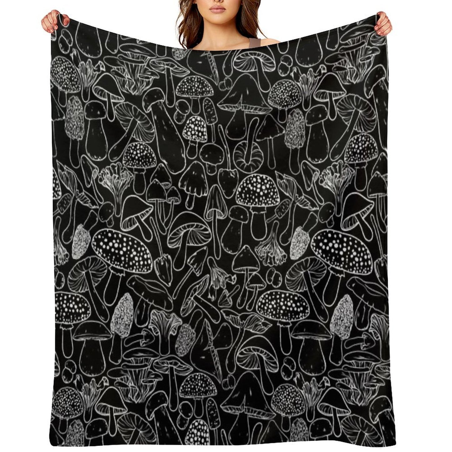 All The Mushrooms on Black Compact Throw Blanket