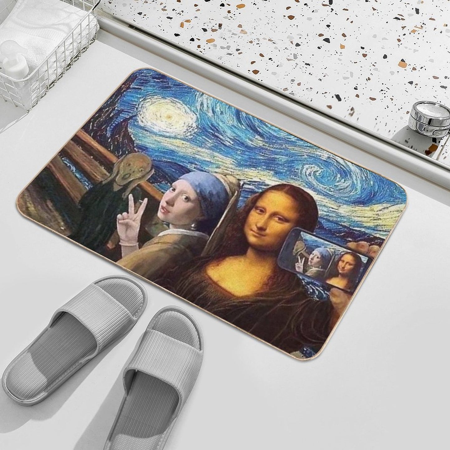 Scream And Selfie of Four Classical Paintings Mash Up - Mona Lisa, Girl with A Pearl Earring, The Scream, The Starry Night Dirt-Trapping Bath Mat