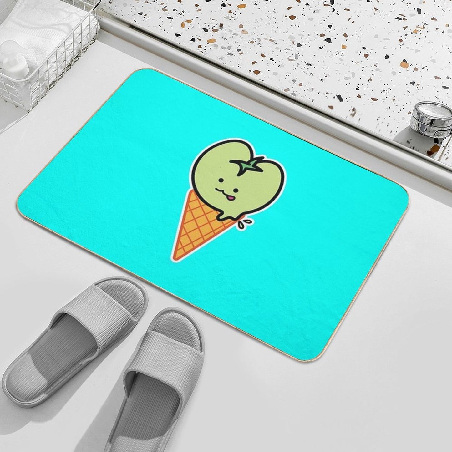 Kawaii Green Tomato Mascot No. 4 Stain-Proof Bath Mat