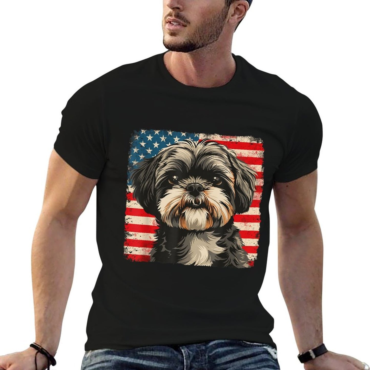 Shih Tzu Dog Art USA July 4th Women Men Kids Easy-care T-Shirt