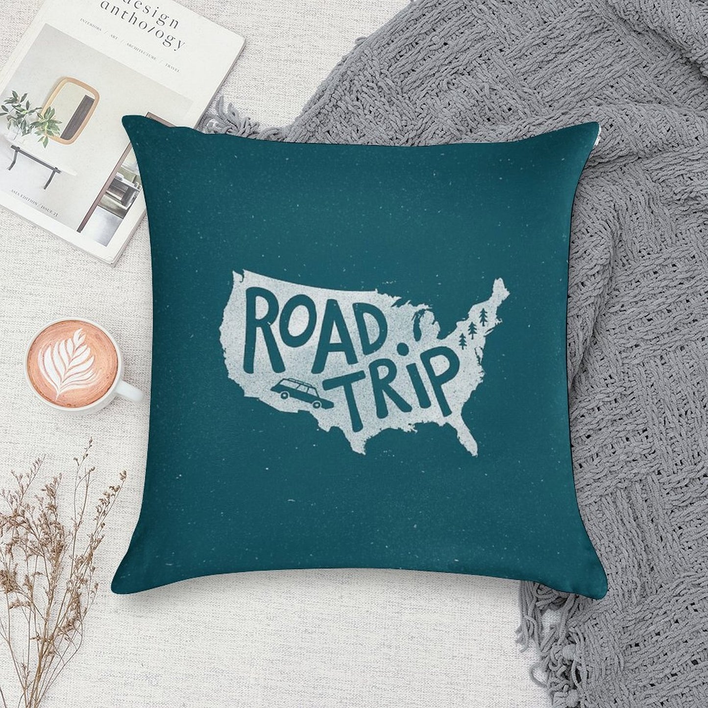 Road Trip USA - Blue Soft Luxury Feel Throw Pillow