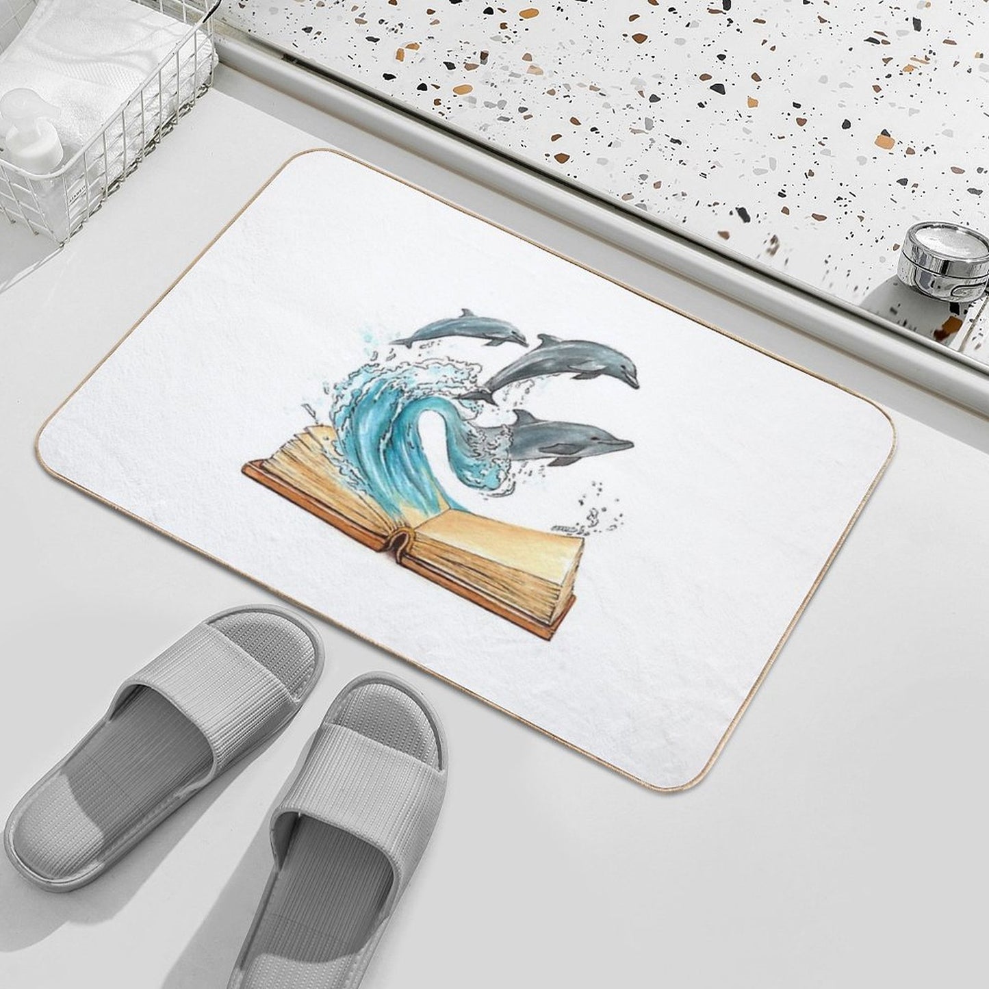 Dolphins Jumping from Old Book Watercolor Illustration Toxin-Free Bath Mat