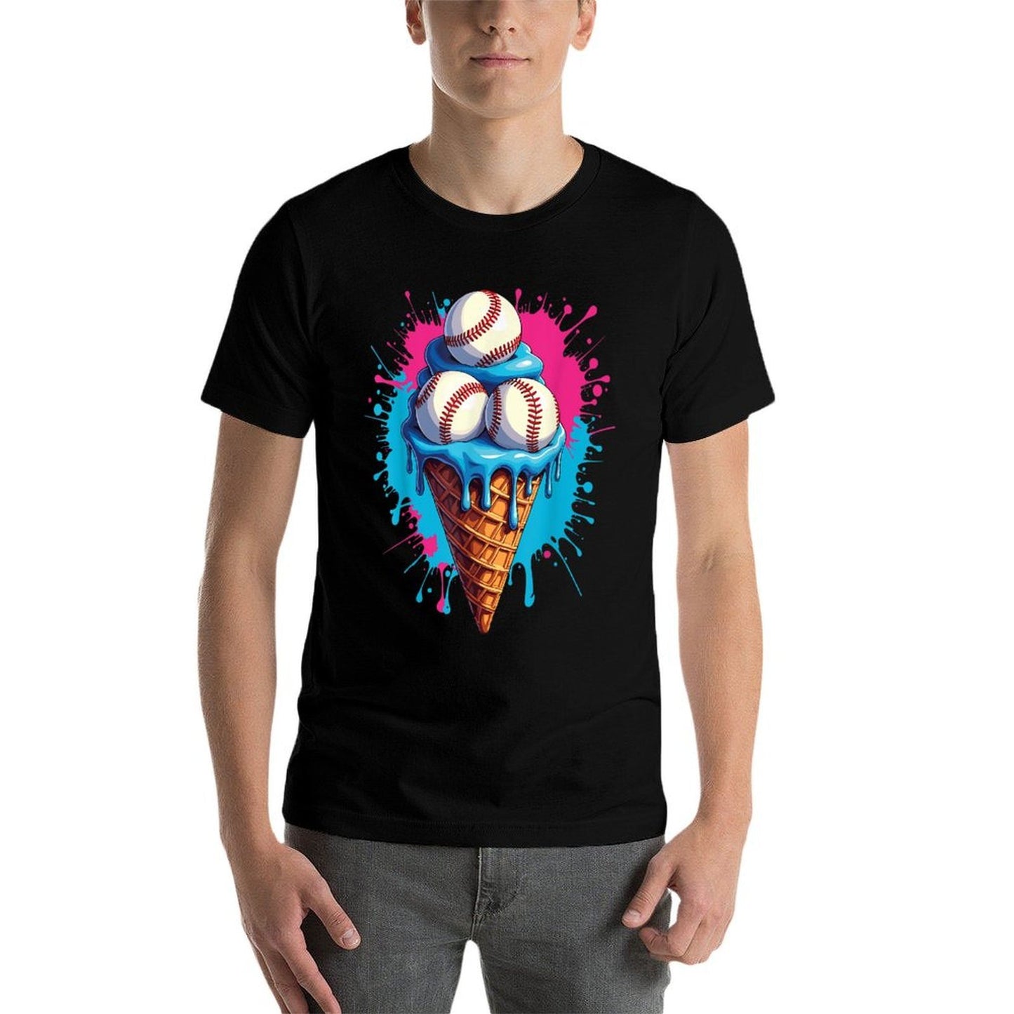 Baseball Ice Cream Funny Ice Cream Baseball Drip Watercolor Rolled Sleeves T-Shirt