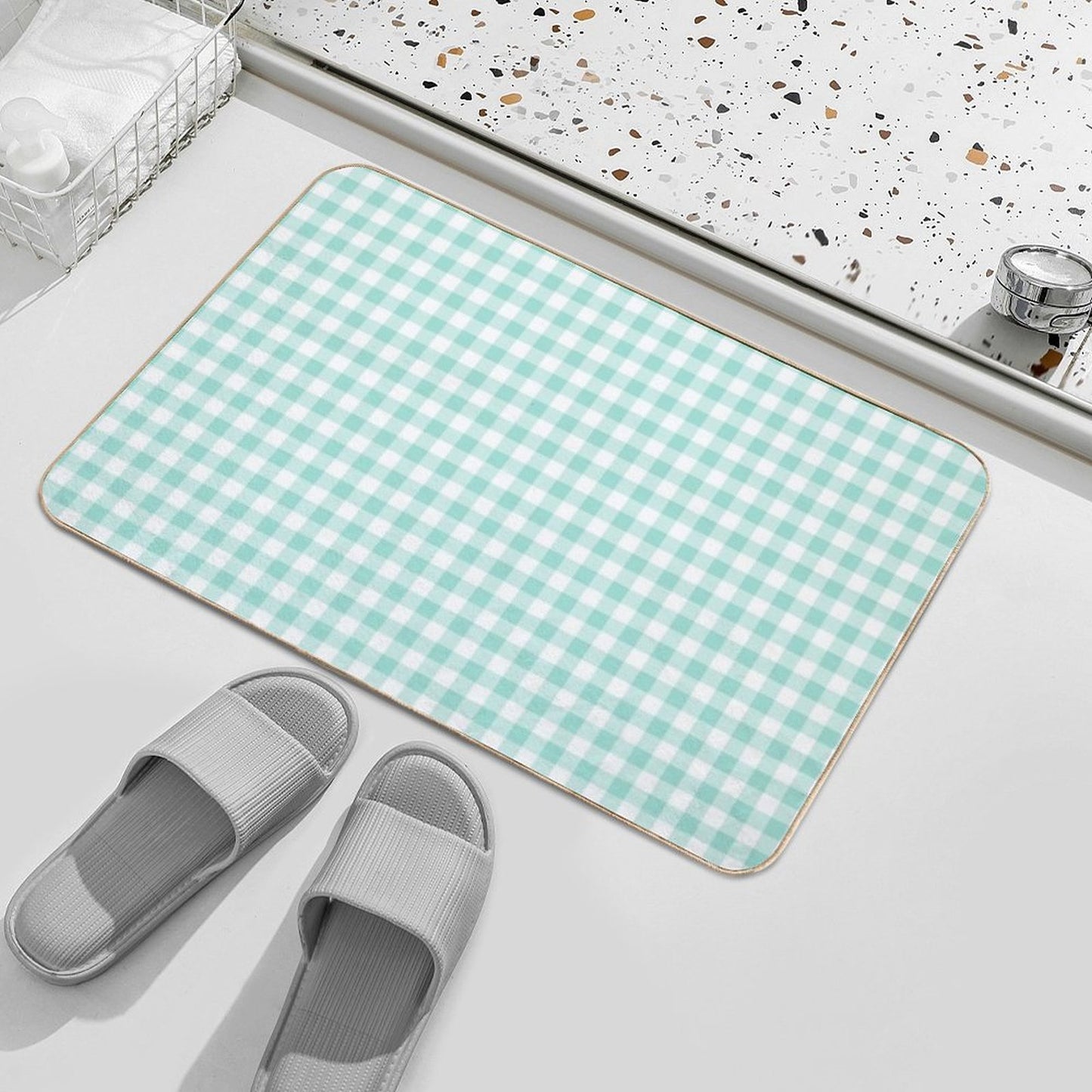 Aqua Gingham Checkered Pattern Design High-Traffic Bath Mat