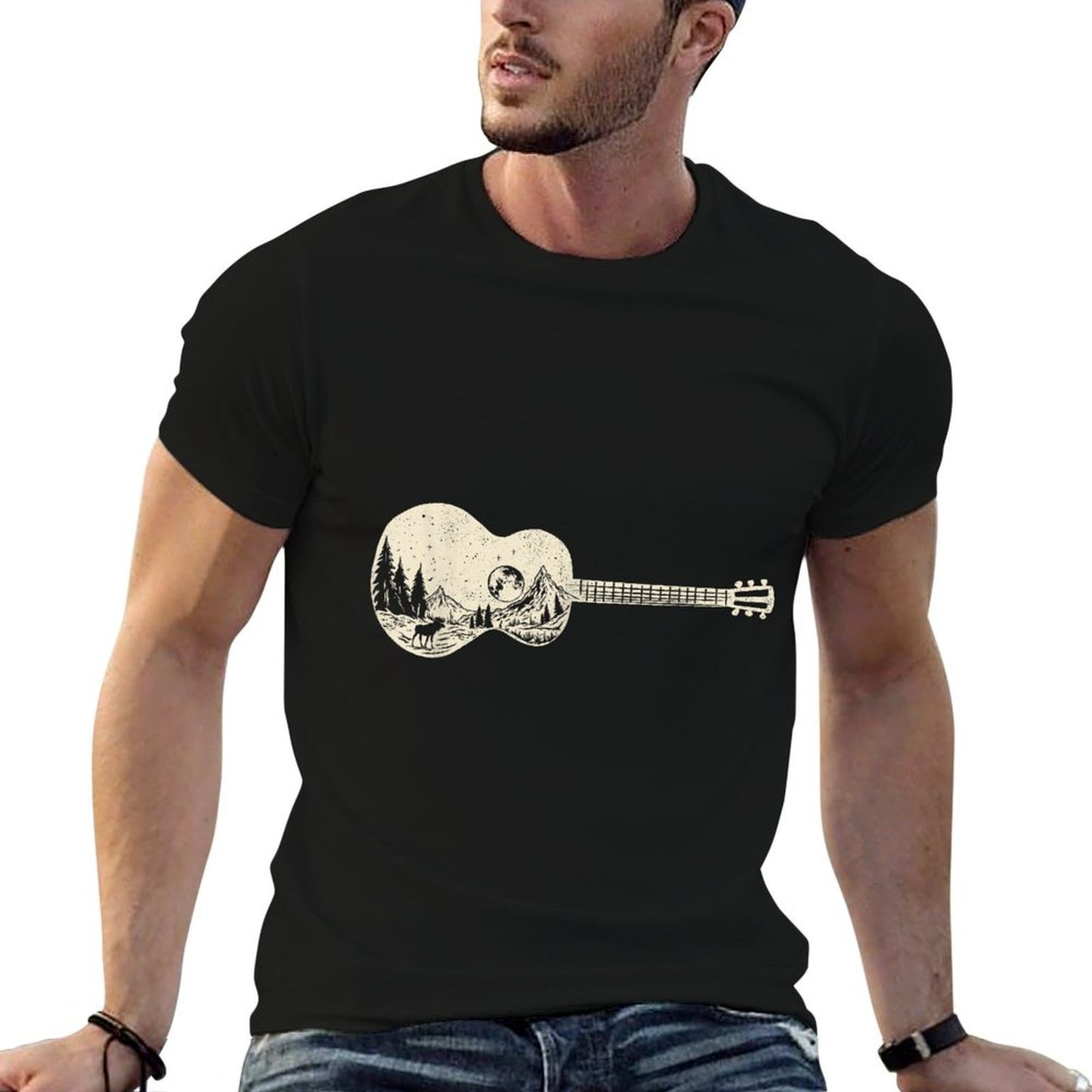 Acoustic Guitar Nature Mountain Music Lover Guitarist Retro Oversized Silhouette T-Shirt