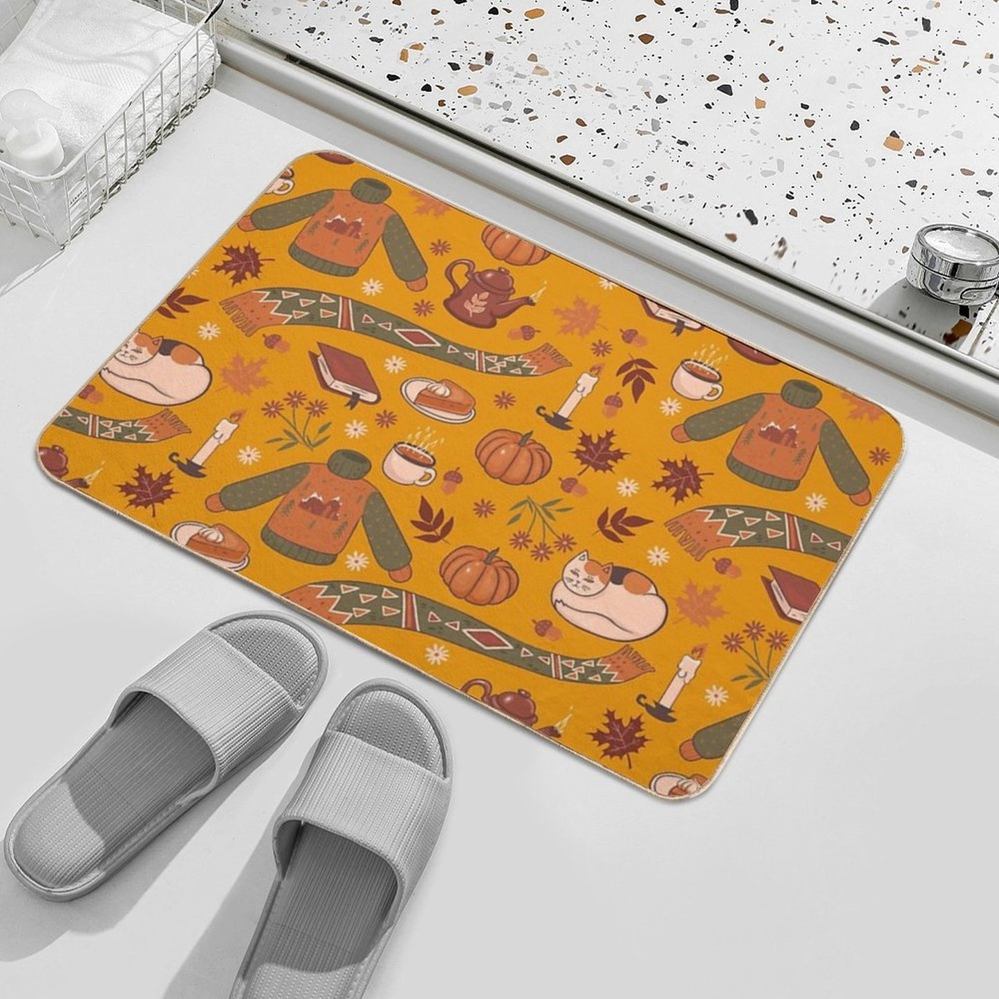 Autumn Cute Pattern on Yellow Background Fade-Resistant Bath Mat