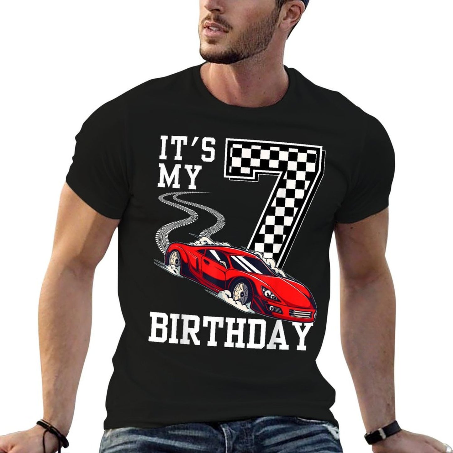 Kids It's My 7th Birthday Boys 7 Seven Racing Car Race Ribbed Collar T-Shirt
