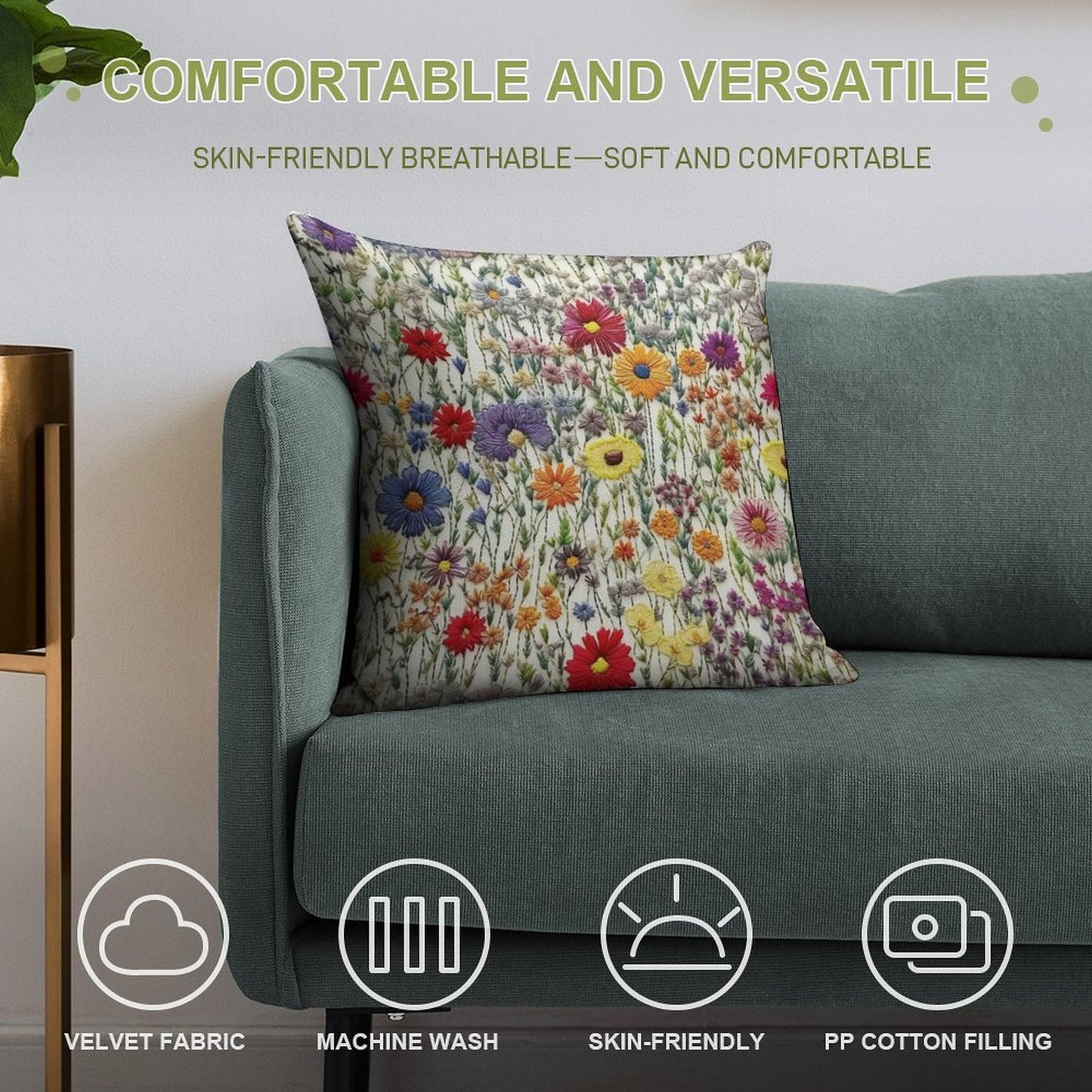 Embroidered Wildflowers Soft High-Density Material Throw Pillow