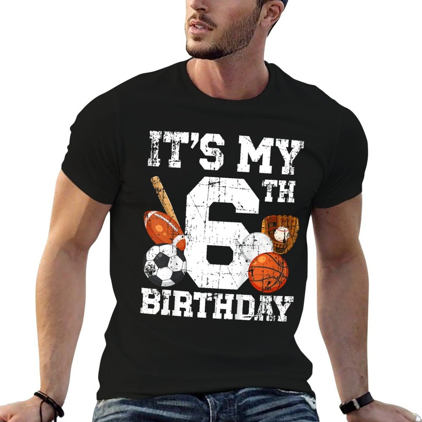 6 Year Old Sports Birthday Theme Sixth Bday Kids 2T Black Sports Birthday Ribbed Collar T-Shirt