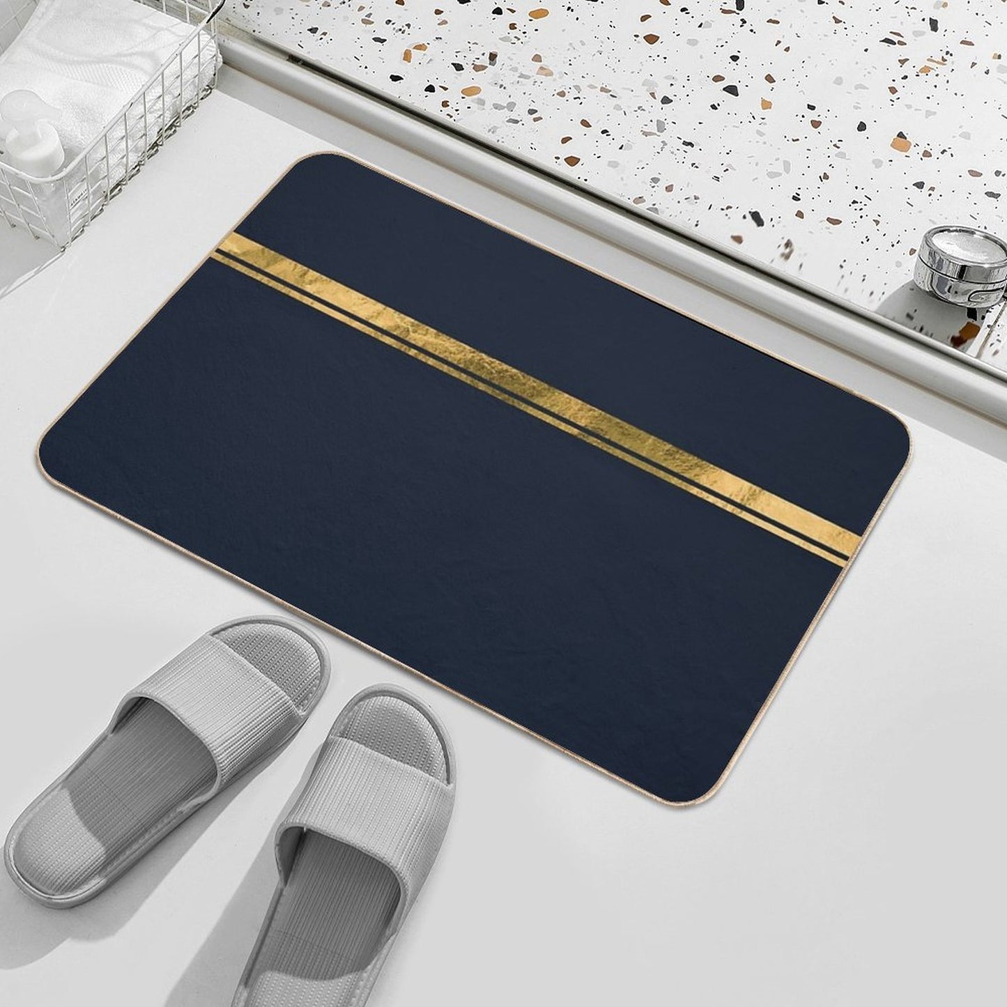 Navy Blue And Gold Minimalist Dirt-Trapping Bath Mat