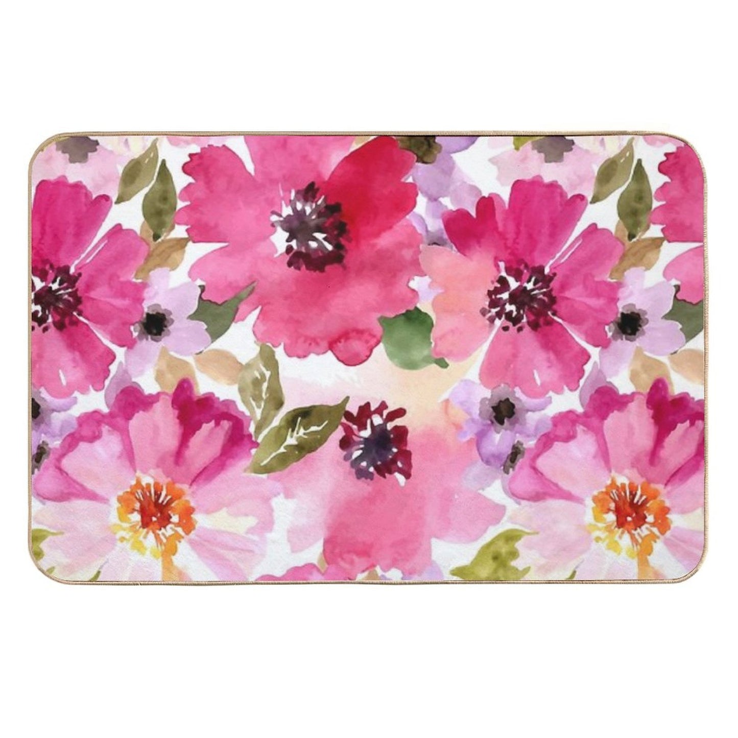 Watercolor Flowers Pink Fuchsia Fade-Resistant Bath Mat
