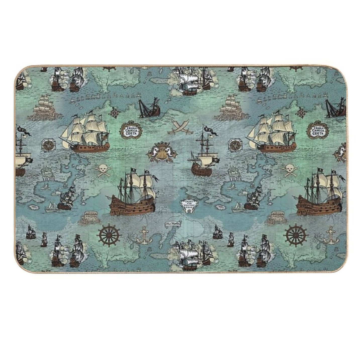 Pirate Map Nautical Sea Print Ocean Blue & Sea Glass Green Versatile Bath Mat