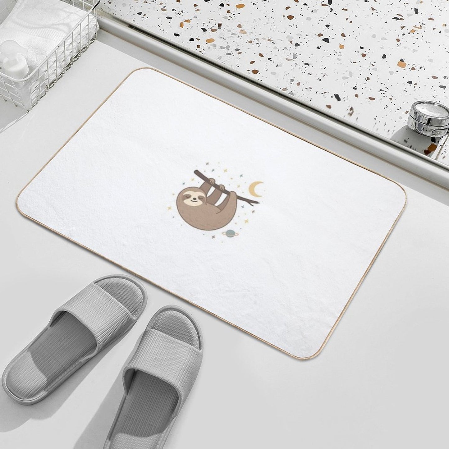 Cosmic Sloth – Sleepy Sloth Hanging in Space Fade-Resistant Bath Mat