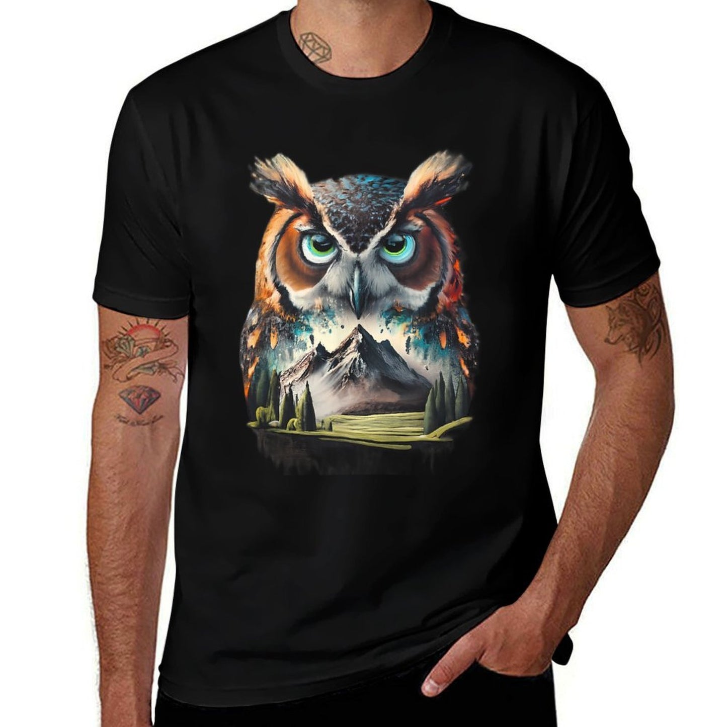 Abstract Owl Mountain Realistic Animal Nature Tagless Design T-Shirt
