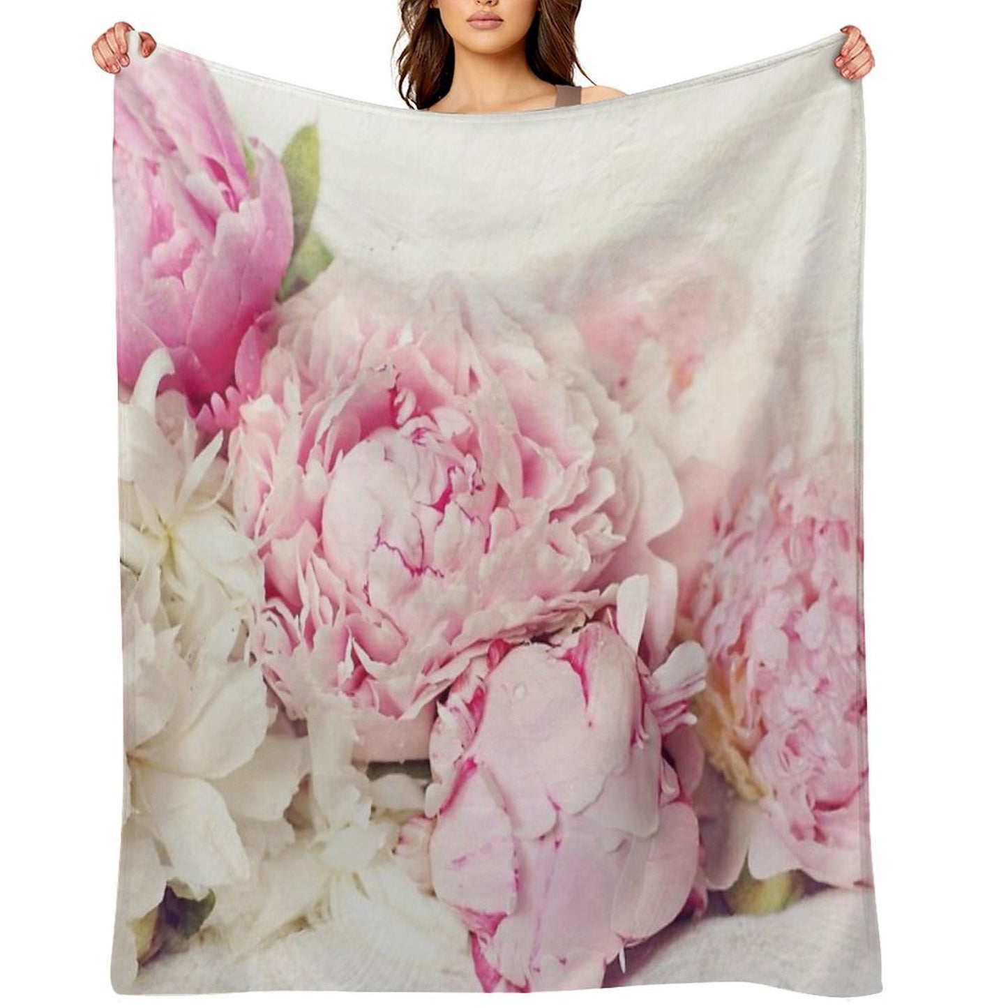 Peonies on White Shrink-resistant Throw Blanket