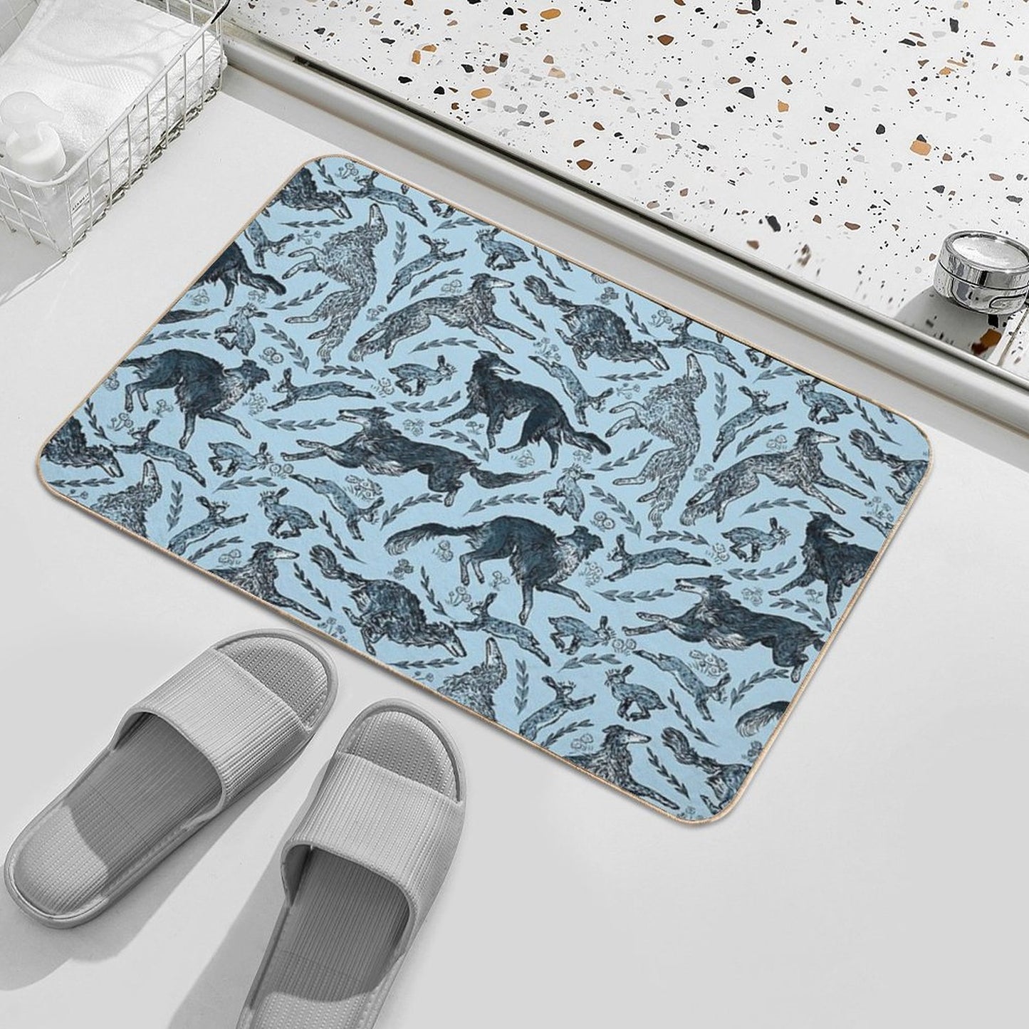 Hounds And Hares - Shaded Blue Dogs on Pale Blue Field Eco-Friendly Bath Mat