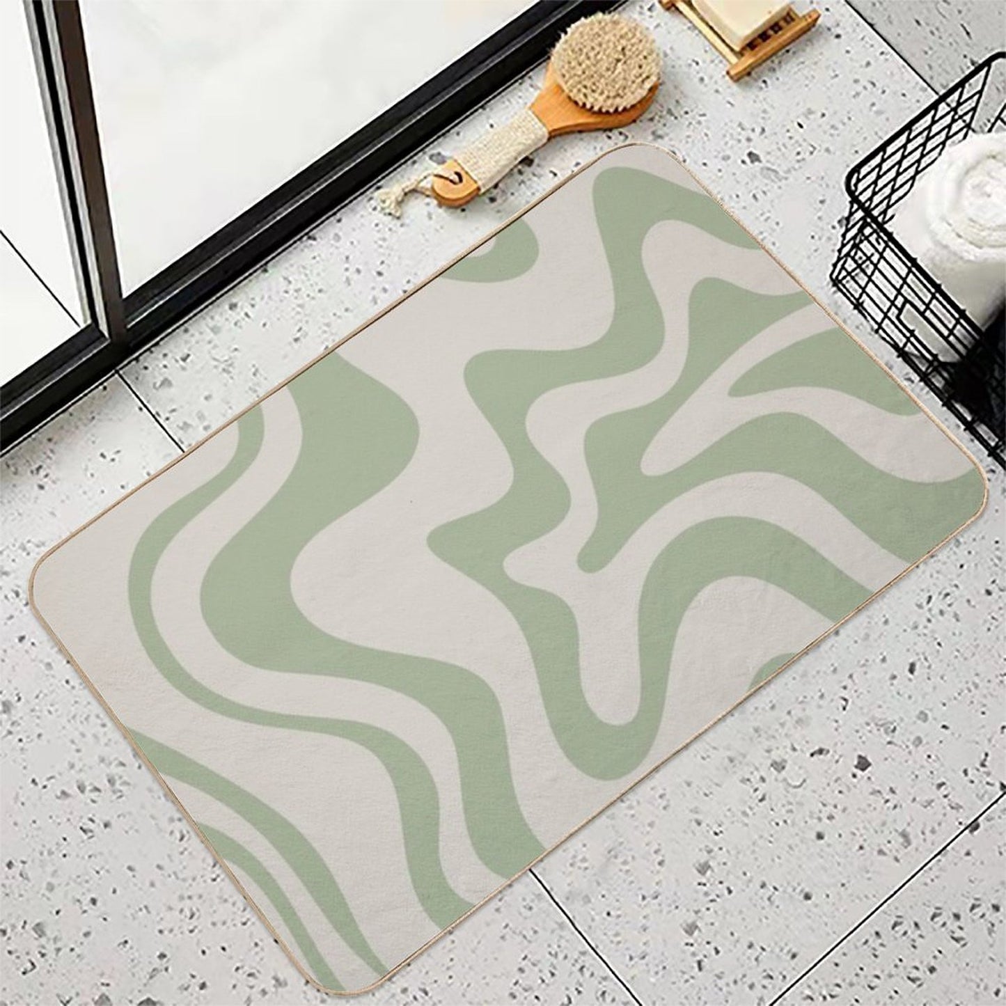 Liquid Swirl Contemporary Abstract Pattern in Sage Green And Beige Odorless Bath Mat