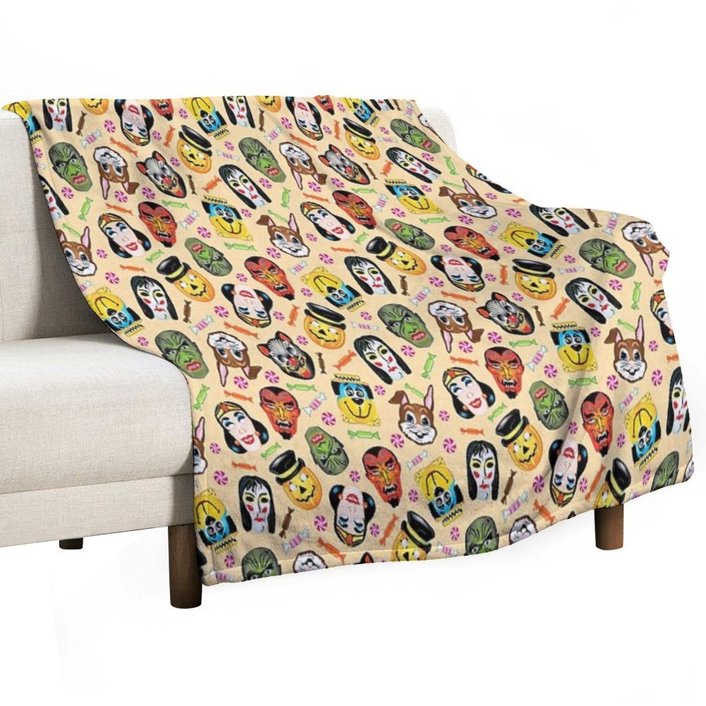 Vintage Halloween Masks And Hard Candy Sustainable Throw Blanket