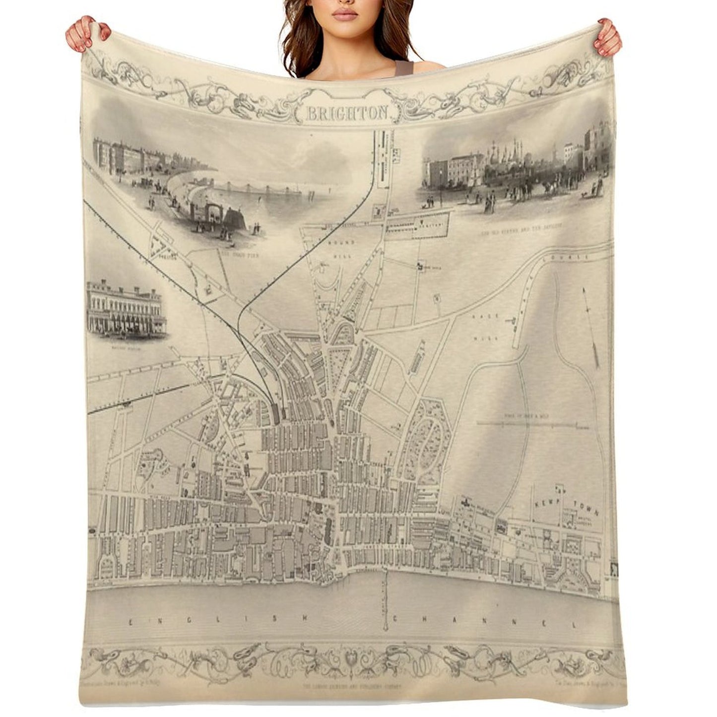 Old Brighton UK Map (1851) Vintage Southern England City Atlas Multi-functional Throw Blanket