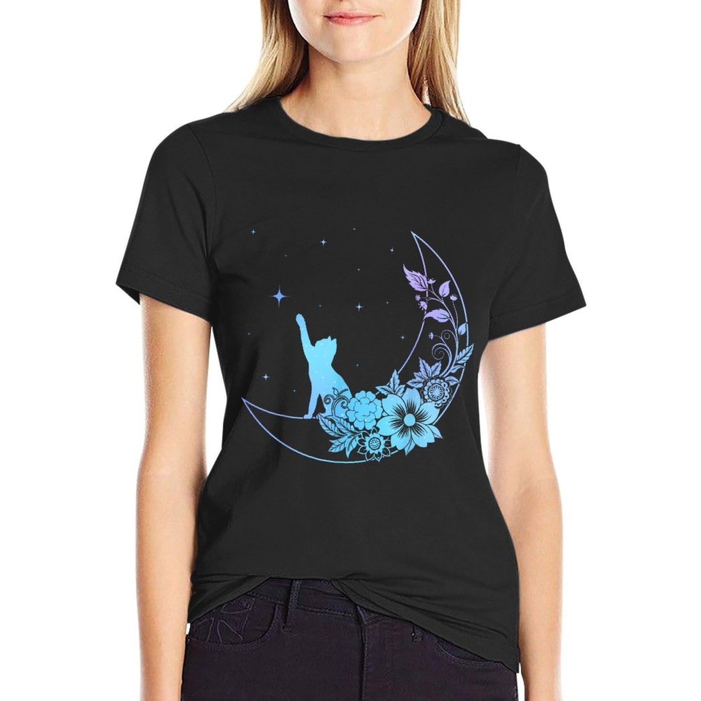 Cat Sitting On Crescent Moon Flowers Stars Women Girls Kids Durable T-Shirt
