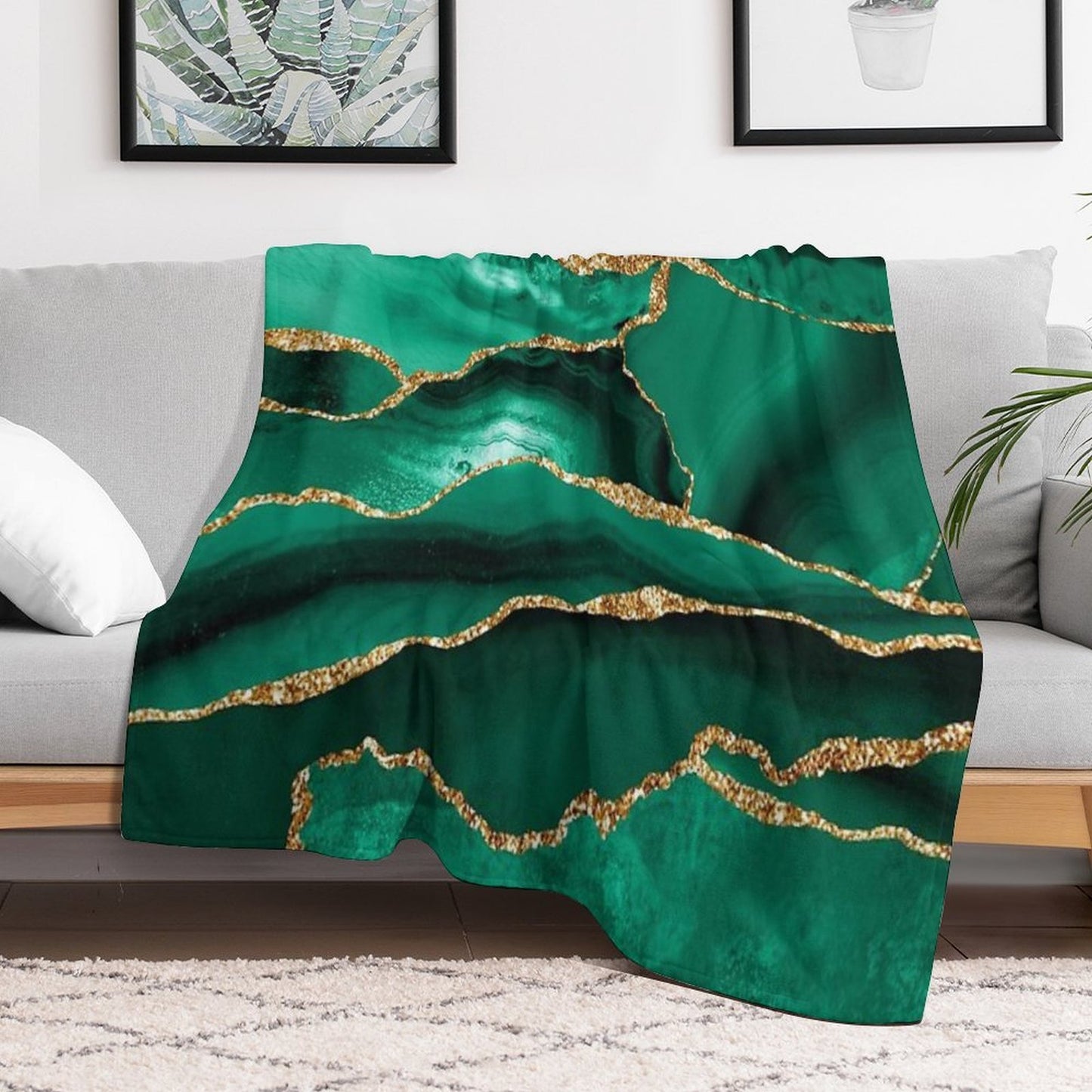 Emerald Green Malachite Faux Marble With Gold Glitter Quick-dry Throw Blanket