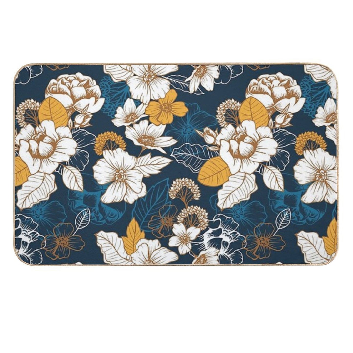 Navy And Gold Peony And Blossom Seamless Pattern Rapid-Drying Bath Mat