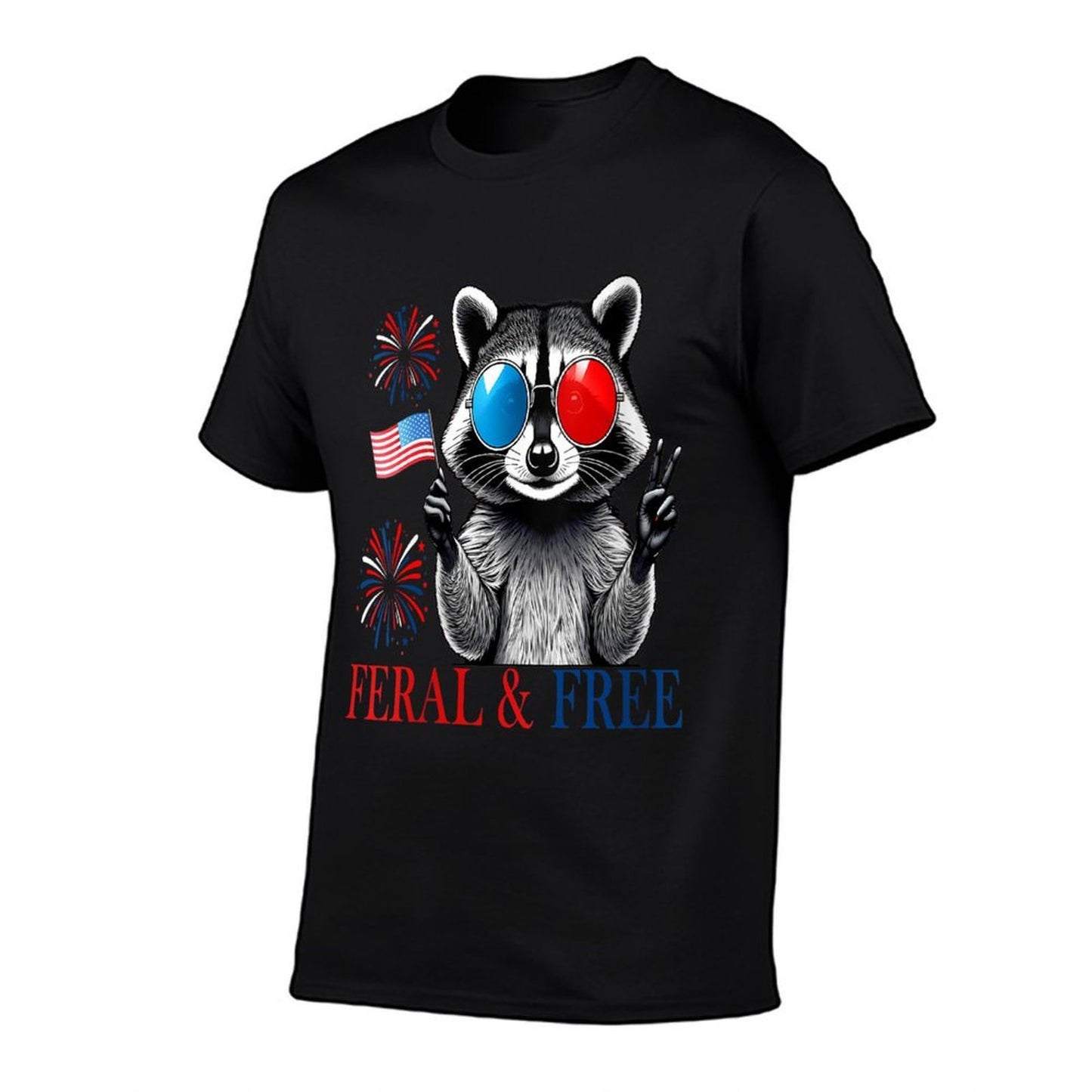 Womens Patriotic Racoon Feral And Free Funny 4th of July Look  Ribbed Collar T-Shirt