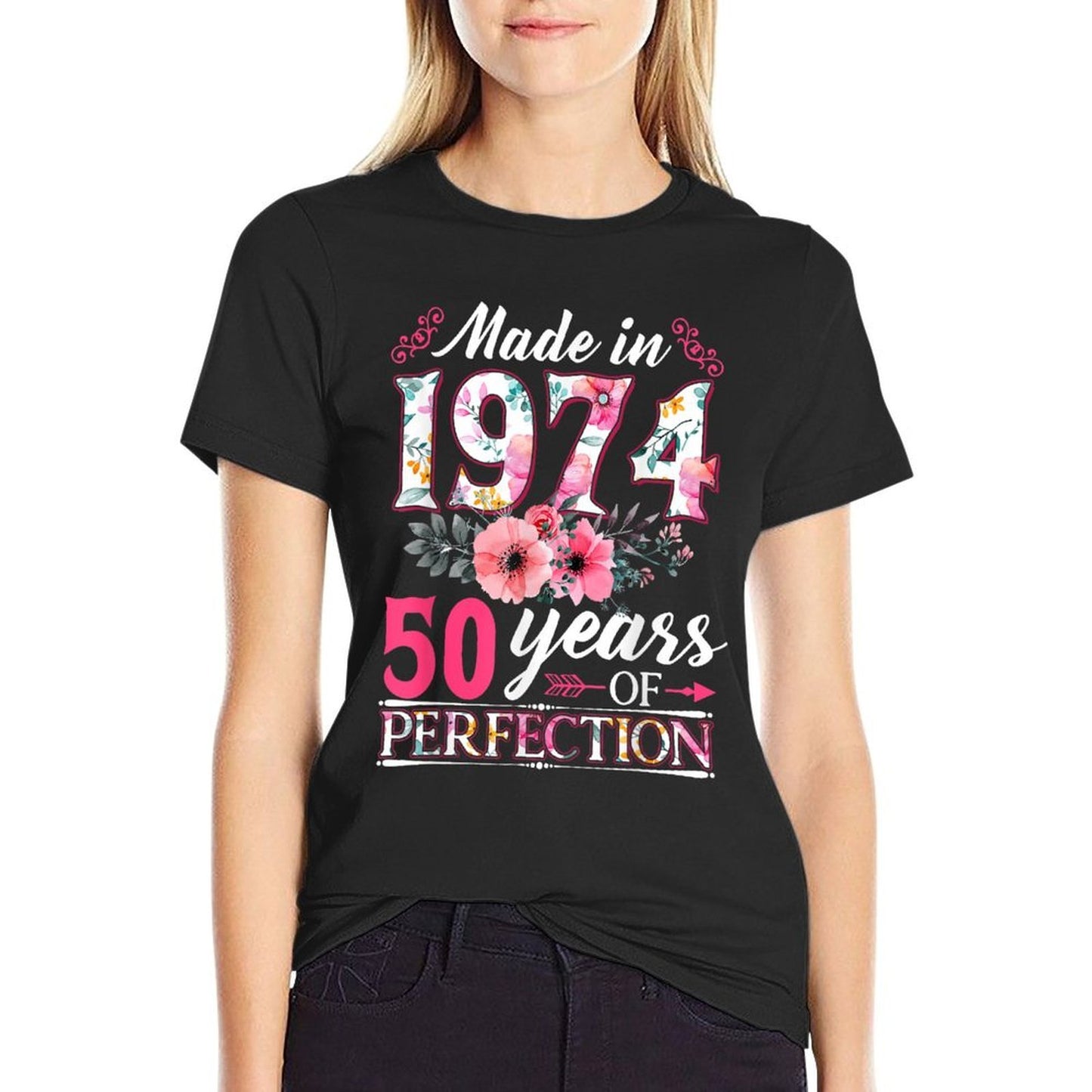 50 Year Old Made In 1974 Floral Flower 50th Birthday Womens Cotton T-Shirt