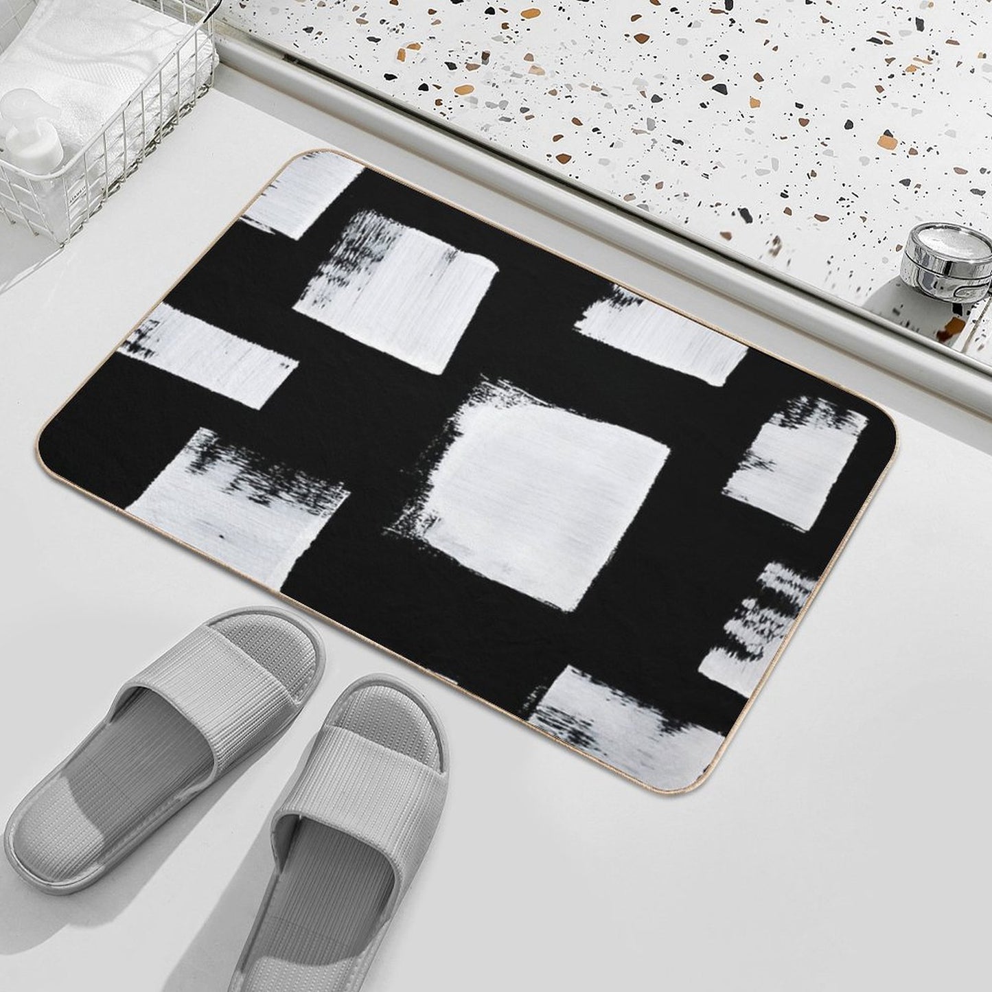 Marshmallows A Minimal Abstract Black And White Square Mudcloth Pattern by Alyssa Hamilton Art Absorbent Bath Mat