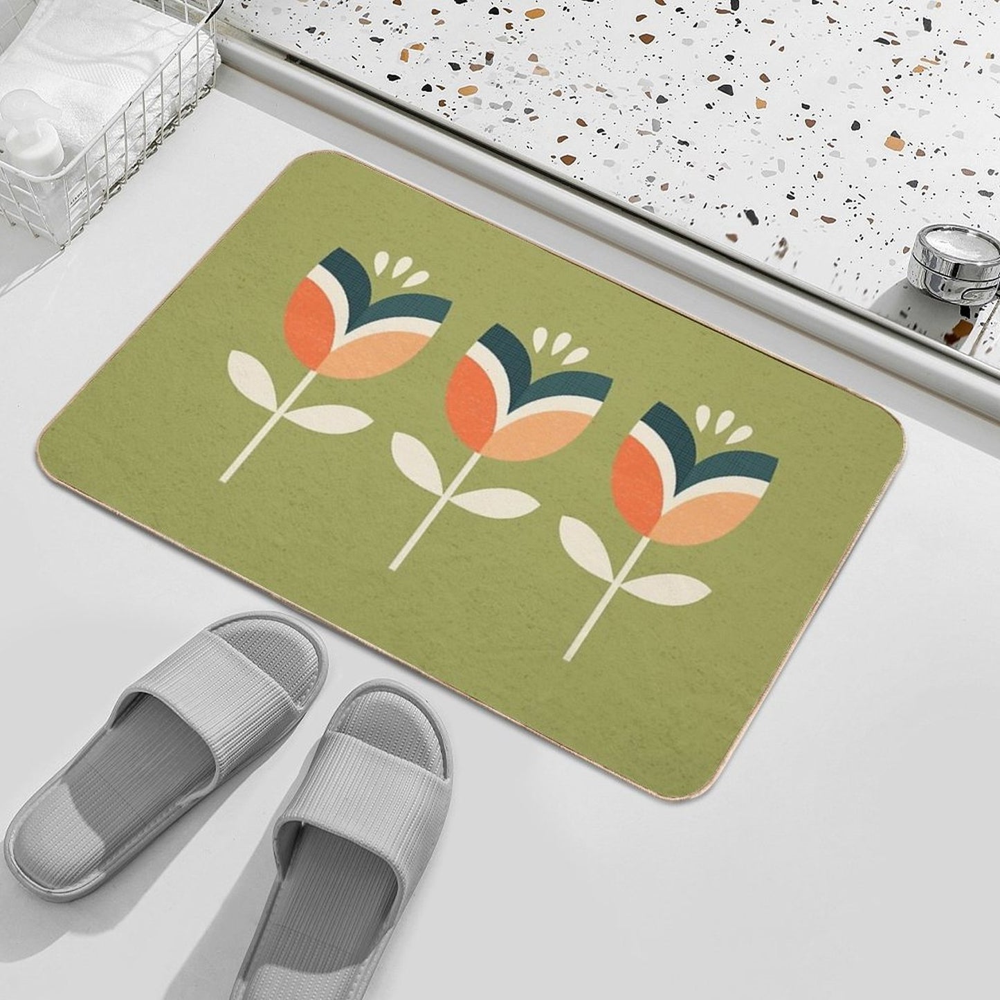 Retro Tulip - Orange And Olive Green Slip-Resistant Bath Mat