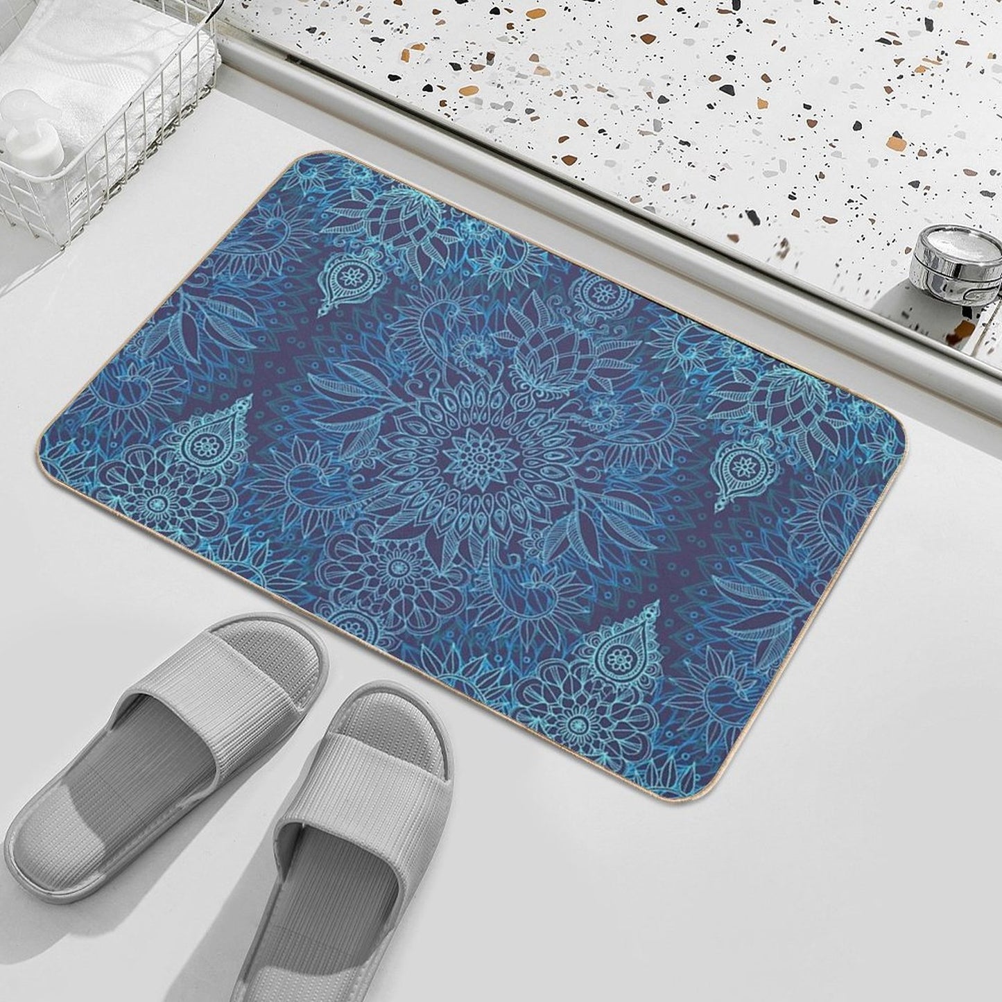 Aqua, Cobalt Blue & Purple Protea Doodle Pattern Repositionable Bath Mat
