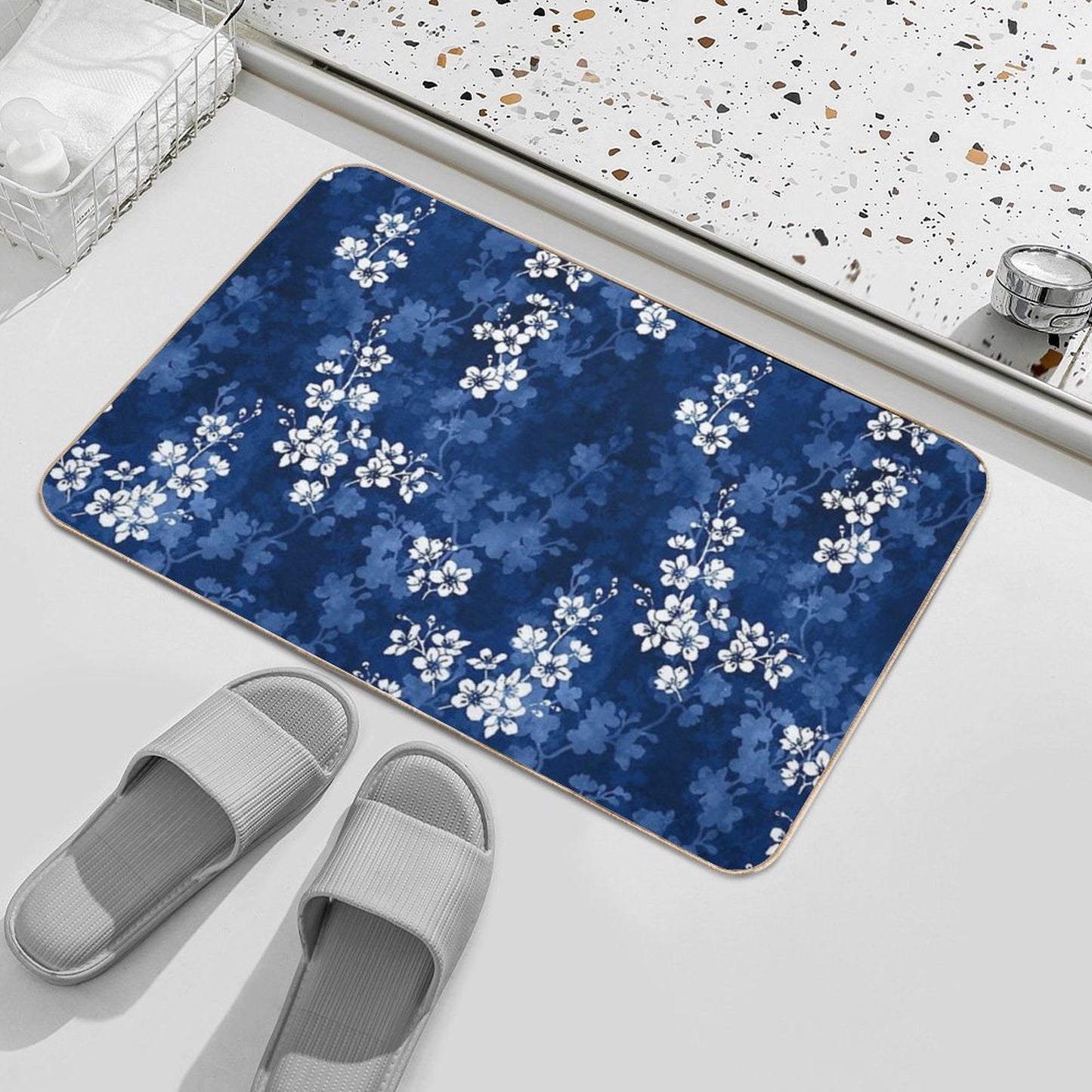 Sakura Blossom in Deep Blue Fade-Resistant Bath Mat