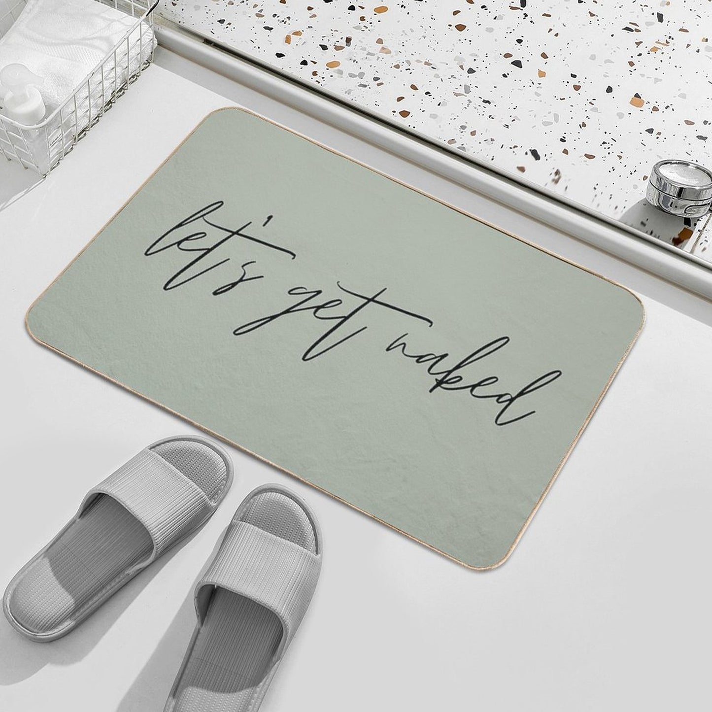 Let's Get Naked Funny Quote Text Green & Black Easy To Clean Bath Mat
