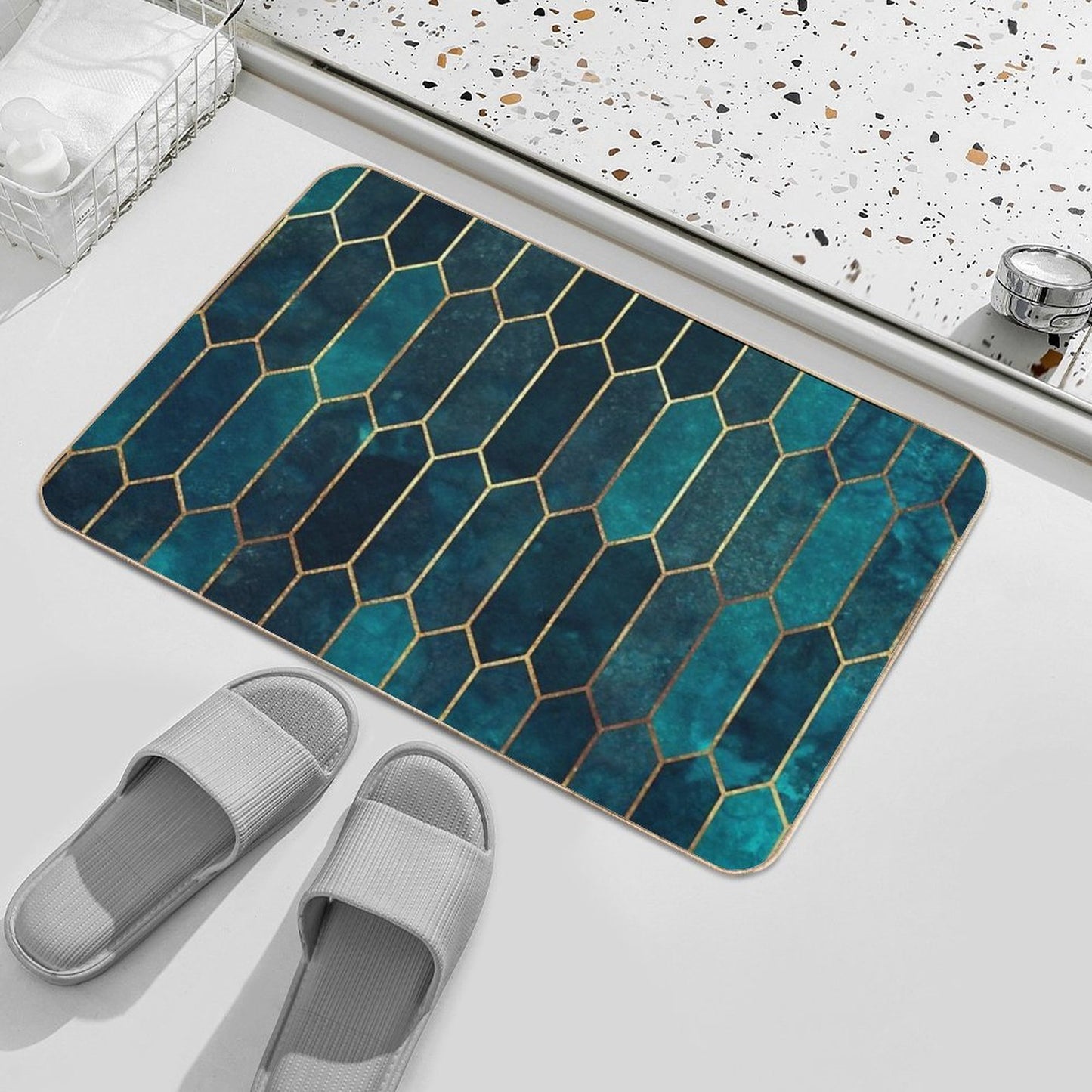 Deep Teal And Blue Gold Pattern Rapid-Drying Bath Mat