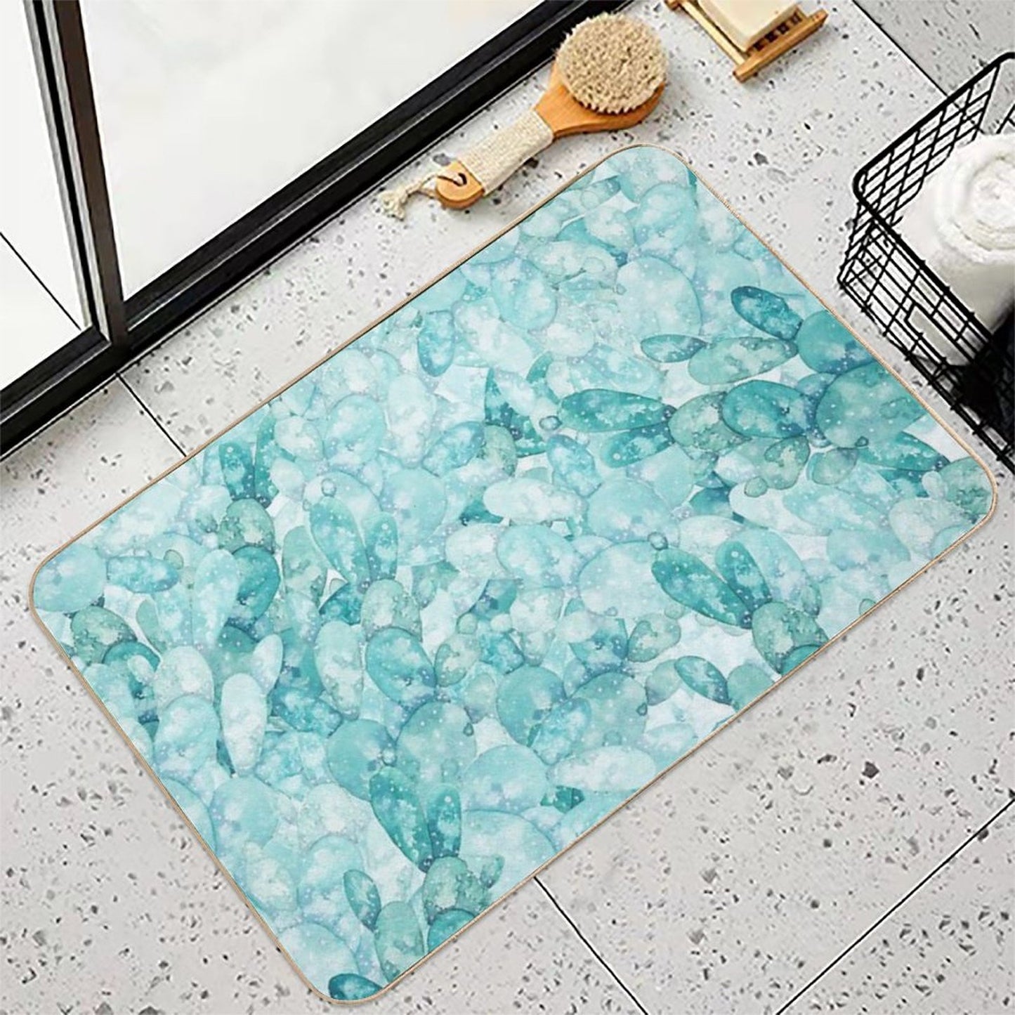 Green Cactus Pattern Watercolor Dirt-Trapping Bath Mat
