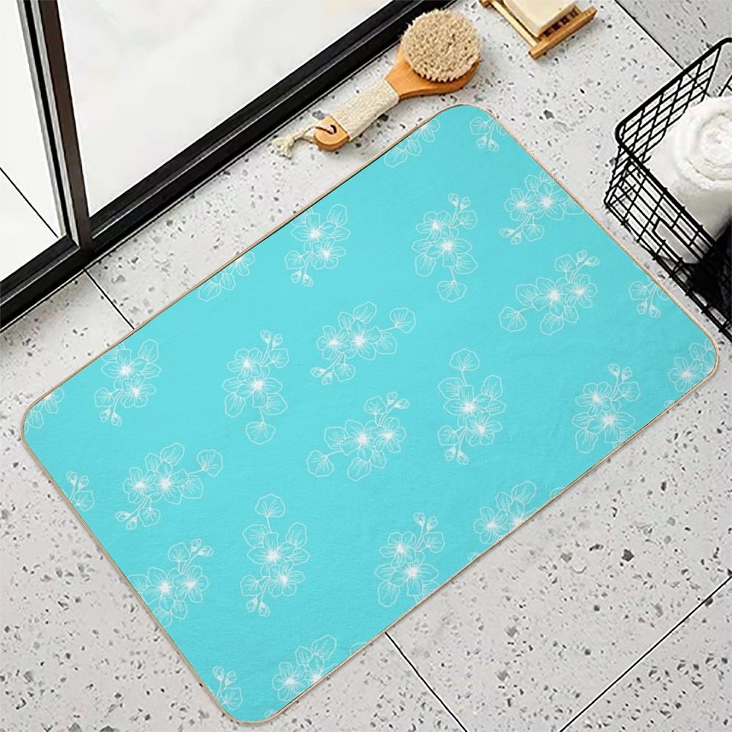 Cyan Blue Floral Petals AOP Stain-Proof Bath Mat