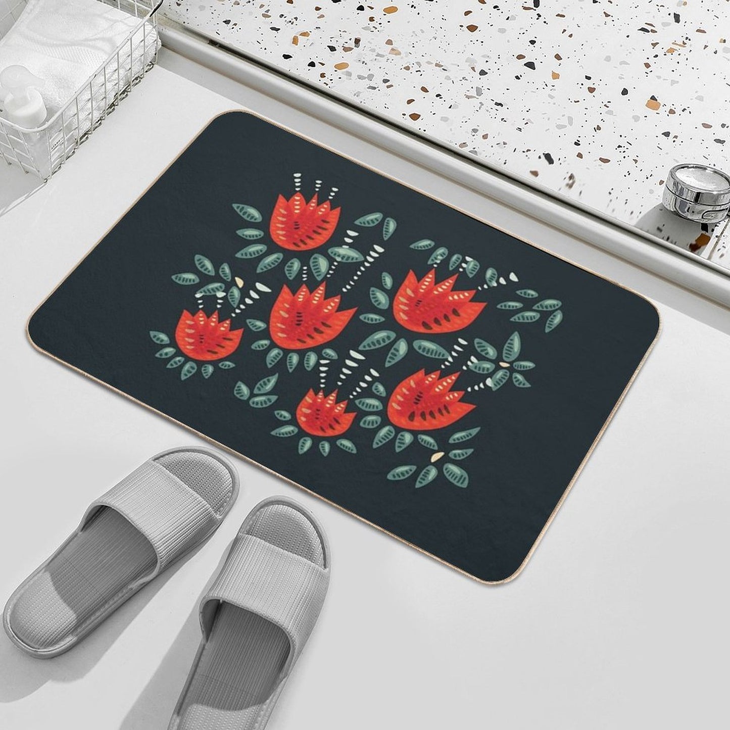Beautiful Red Abstract Tulip Pattern Repositionable Bath Mat