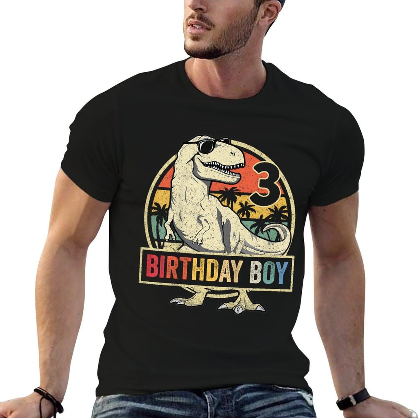 Kids 3 Year Old 3rd Birthday Boy T Rex Dinosaur Fade-proof Color T-Shirt