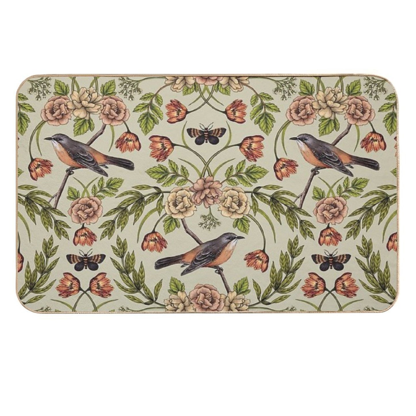 In The Garden - Nature Pattern W Birds, Flowers & Moths Non-Slip Bath Mat