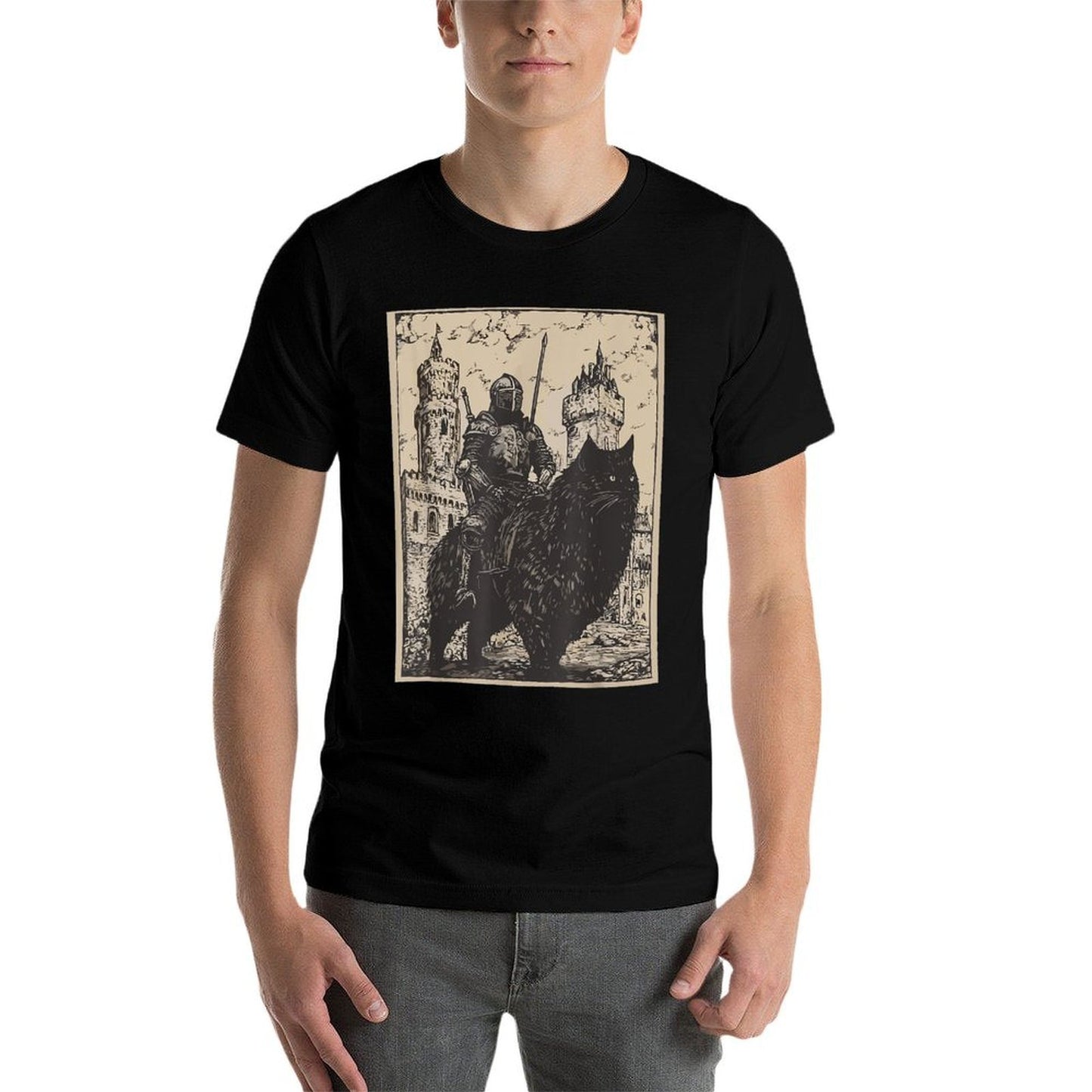 Knight Cat Rider Vintage 90s Medieval Knight Riding Cat Trendy Pattern T-Shirt