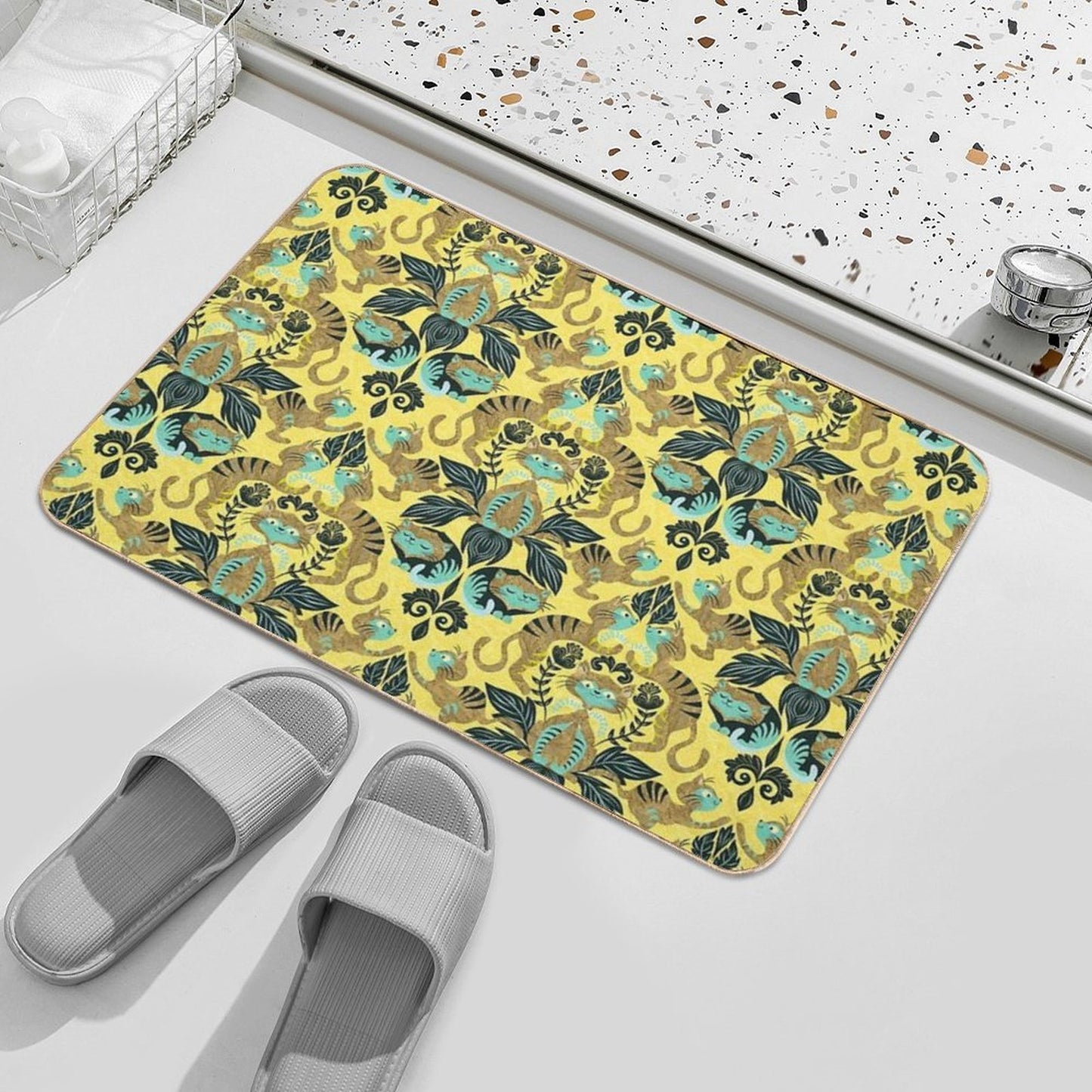Yellow Damask Cats Dirt-Trapping Bath Mat