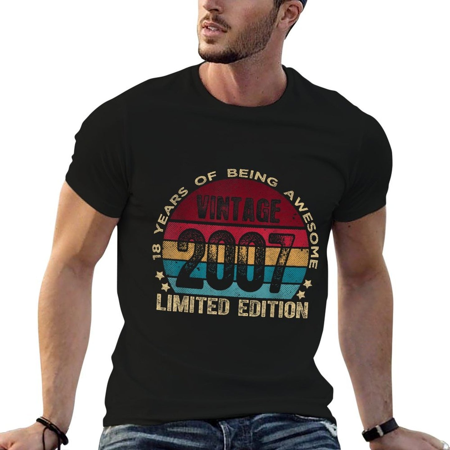 Retro Birthdays 2025 For Men And Women 18 Year Old Vintage 2007 Limited Edition Unisex-Adults Black Small Ribbed Collar T-Shirt