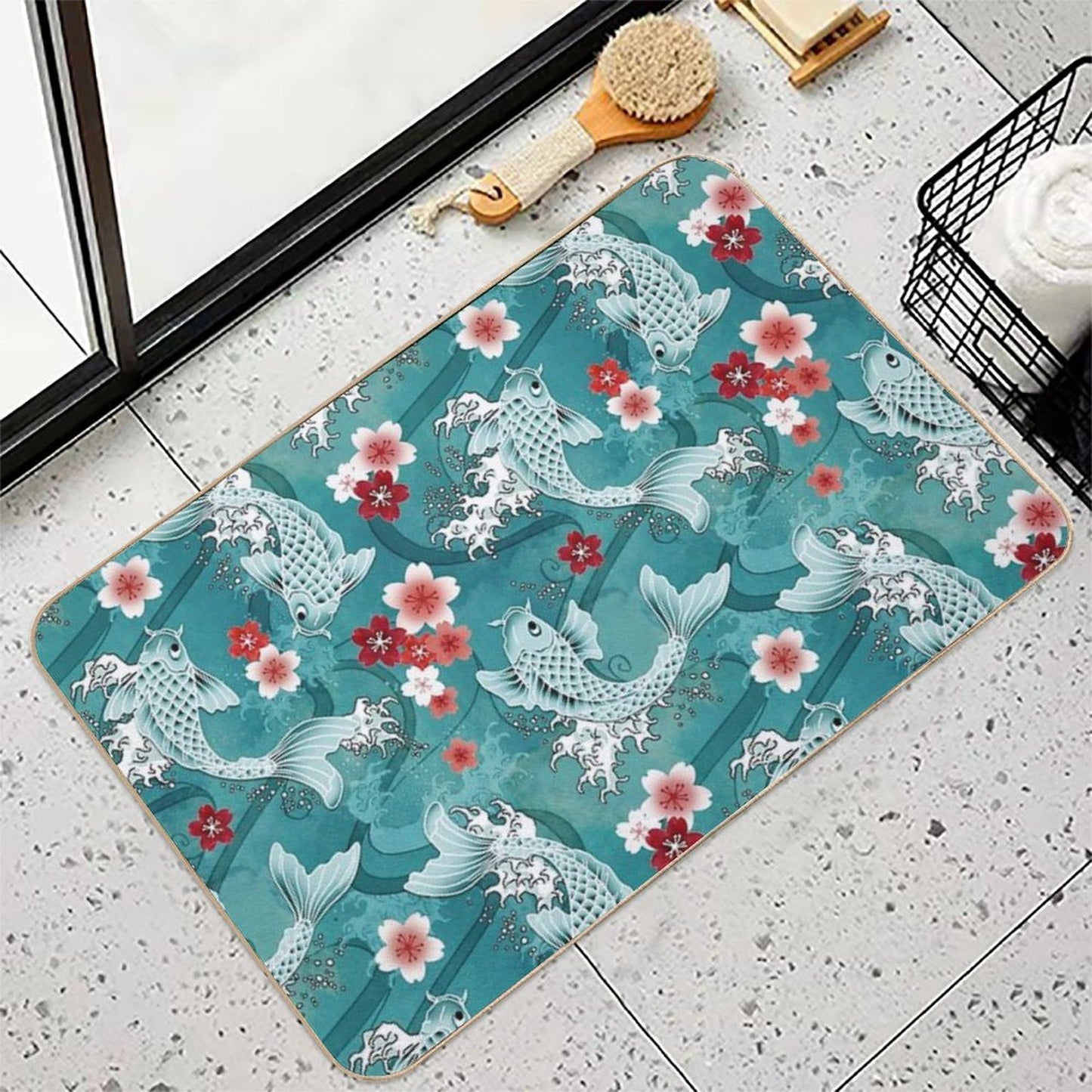Koi Sakura Blossom in Turquoise Easy To Clean Bath Mat