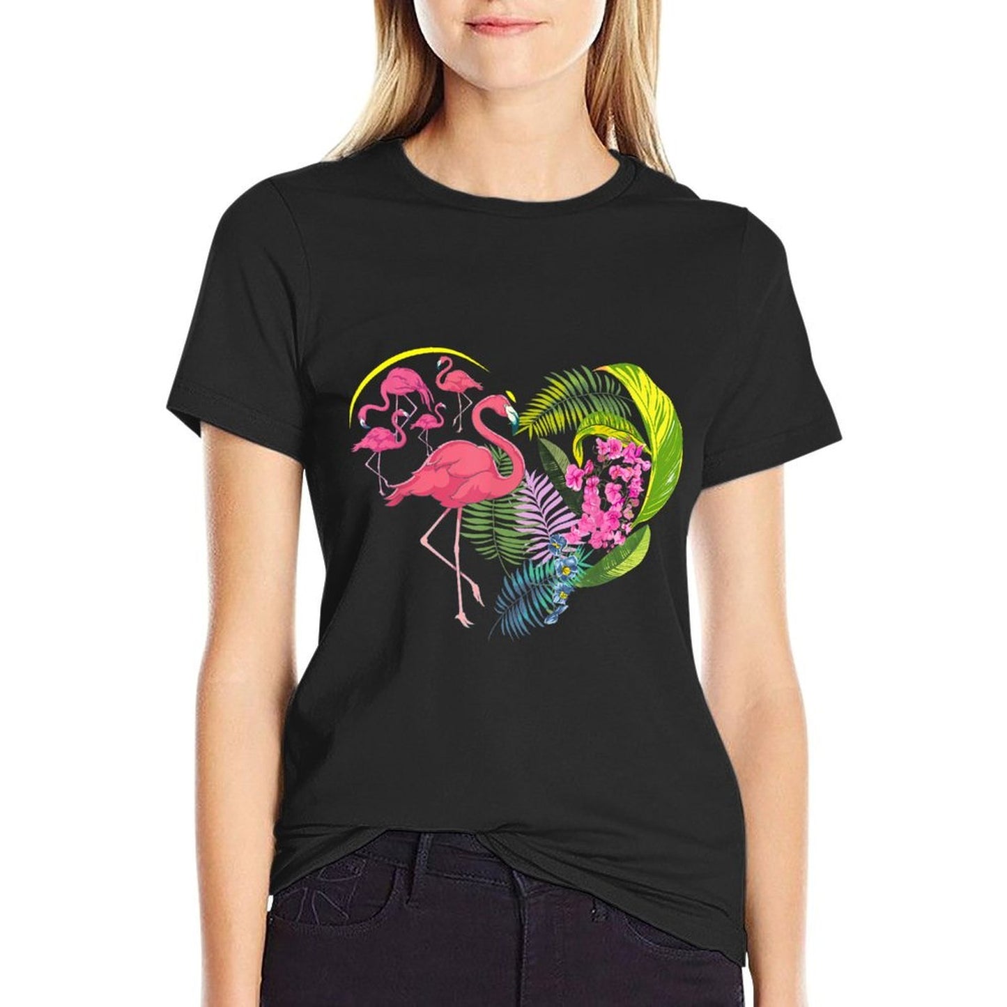 Flower Nature Hibiscus Monstera Leaves Heart Floral Flamingo Heathered Texture T-Shirt