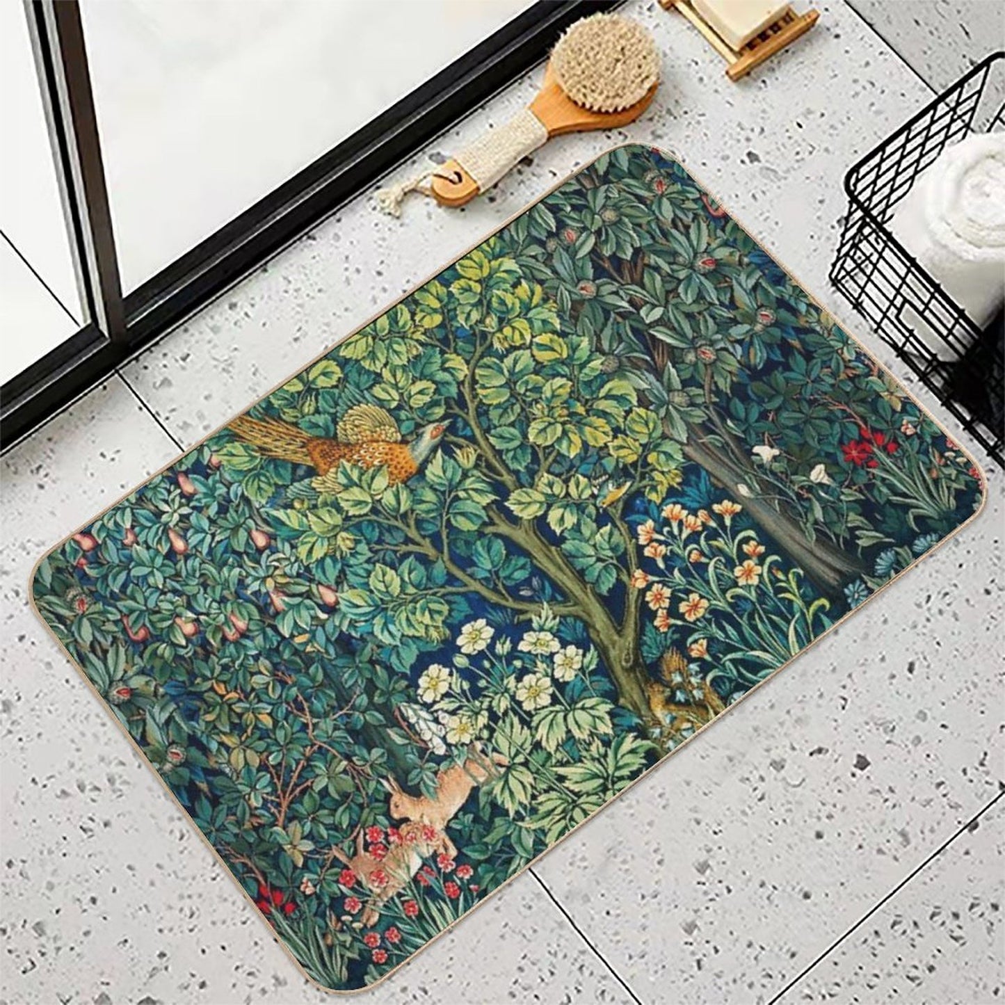 GREENERY,FOREST ANIMALS Pheasant on Tree,Squirrel,Hares,Blue Green Floral Tapestry Easy To Clean Bath Mat