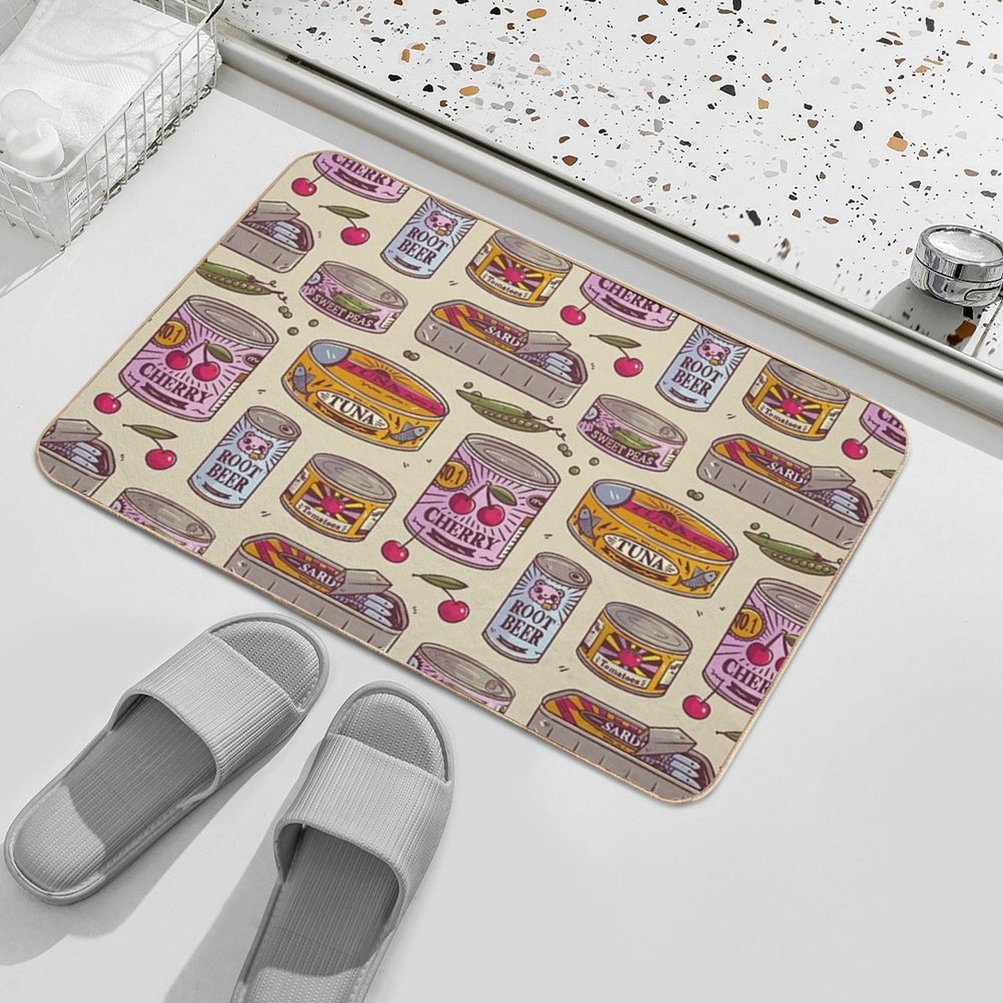 Vintage Canned Goods Pattern Pet-Safe Bath Mat